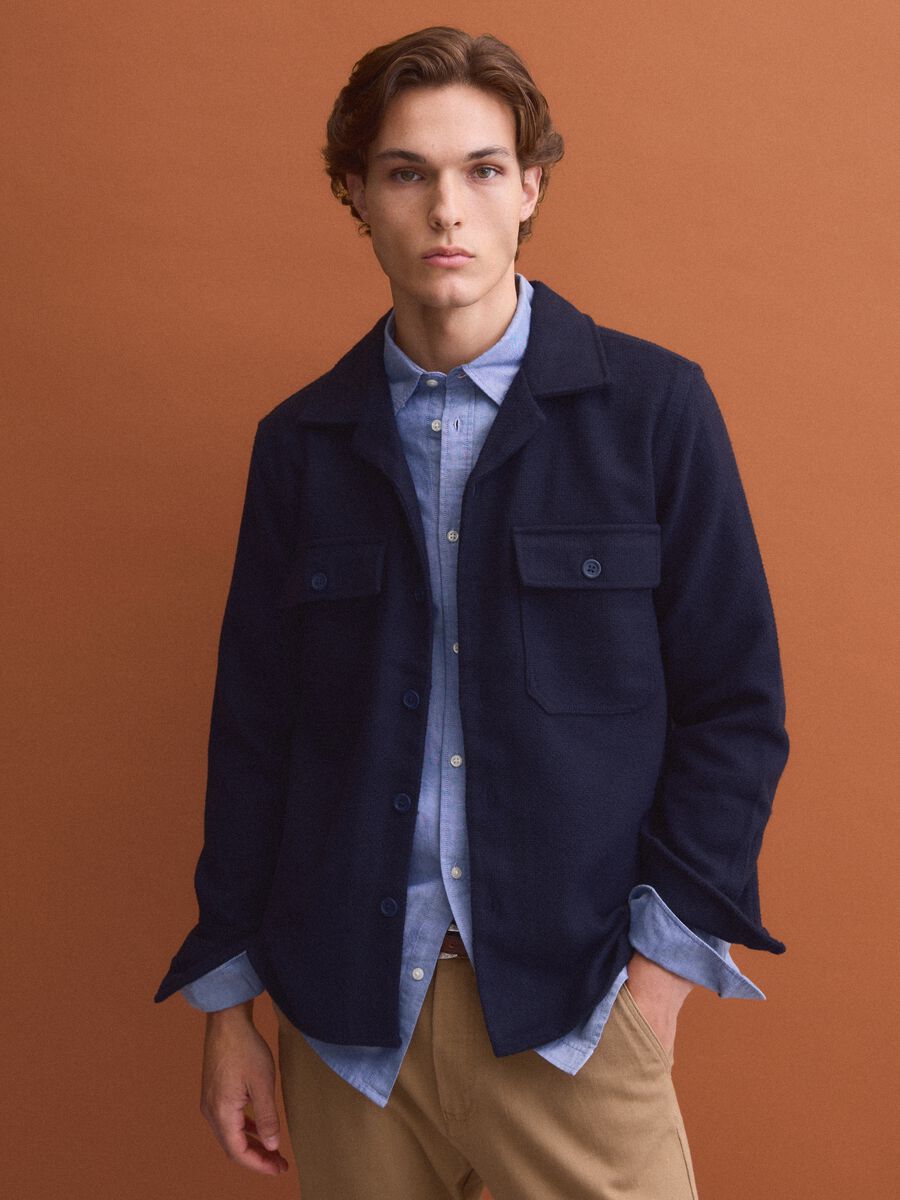 Blue wool and viscose-blend shacket with buttons, oversized fit_1