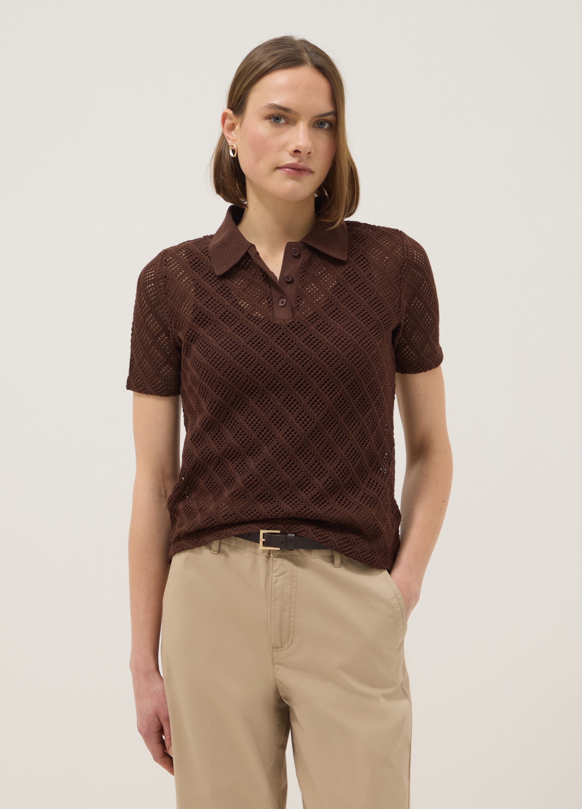 Brown regular fit short sleeve polo with mesh texture