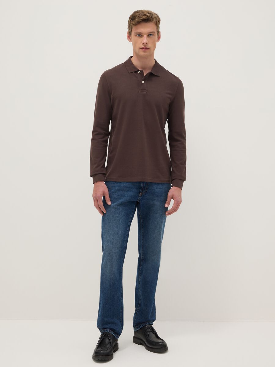 Brown long sleeve polo in pure cotton regular fit_1