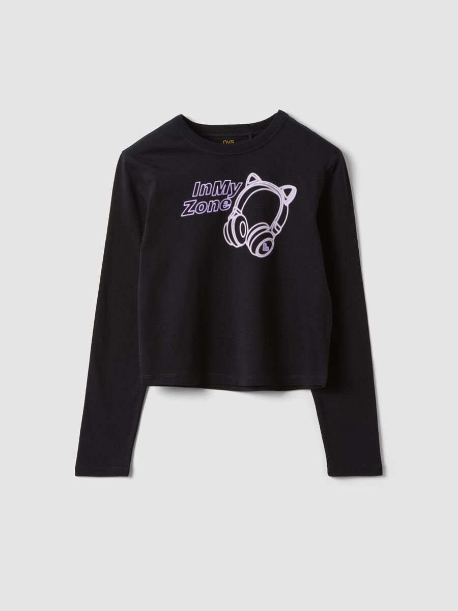 Girls&rsquo; black organic cotton crop T-shirt with ribbed neck_0