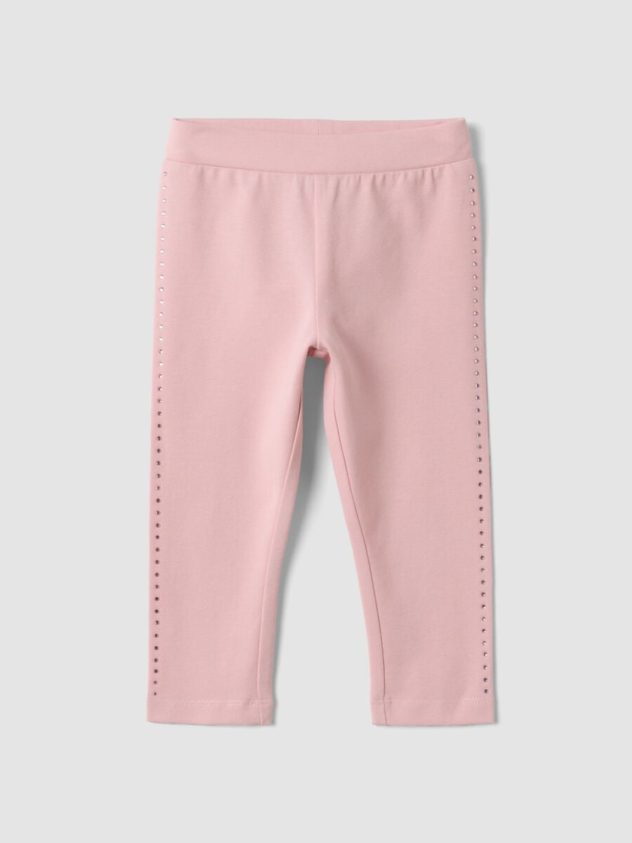 Pink stretch organic cotton leggings with rhinestones for baby girl_0