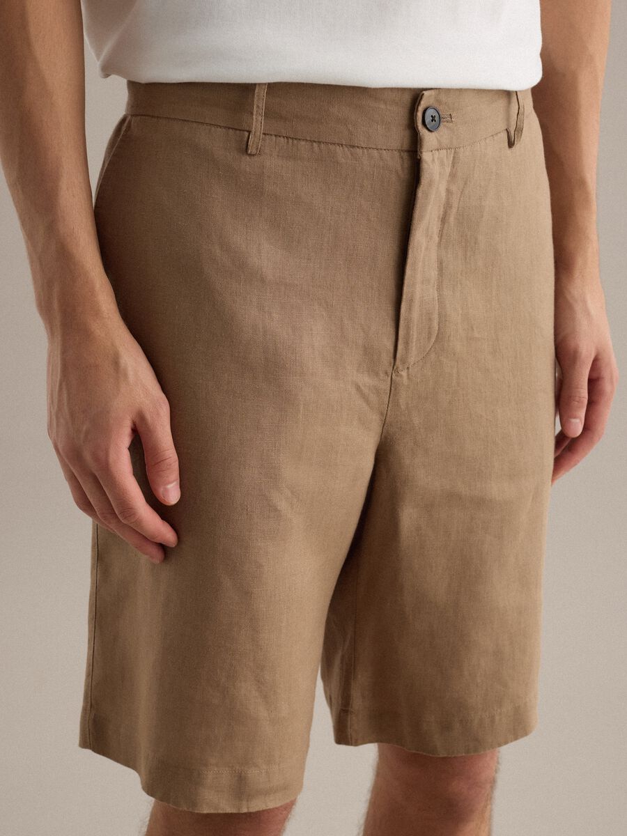 Regular Fit Braun Pure Leinen Bermuda Shorts_3