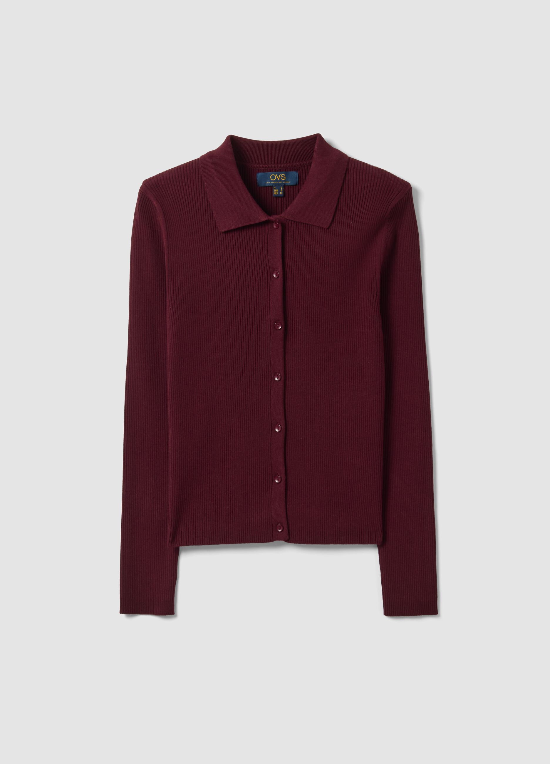 Cardigan fitted rosso a coste in misto viscosa con colletto polo
