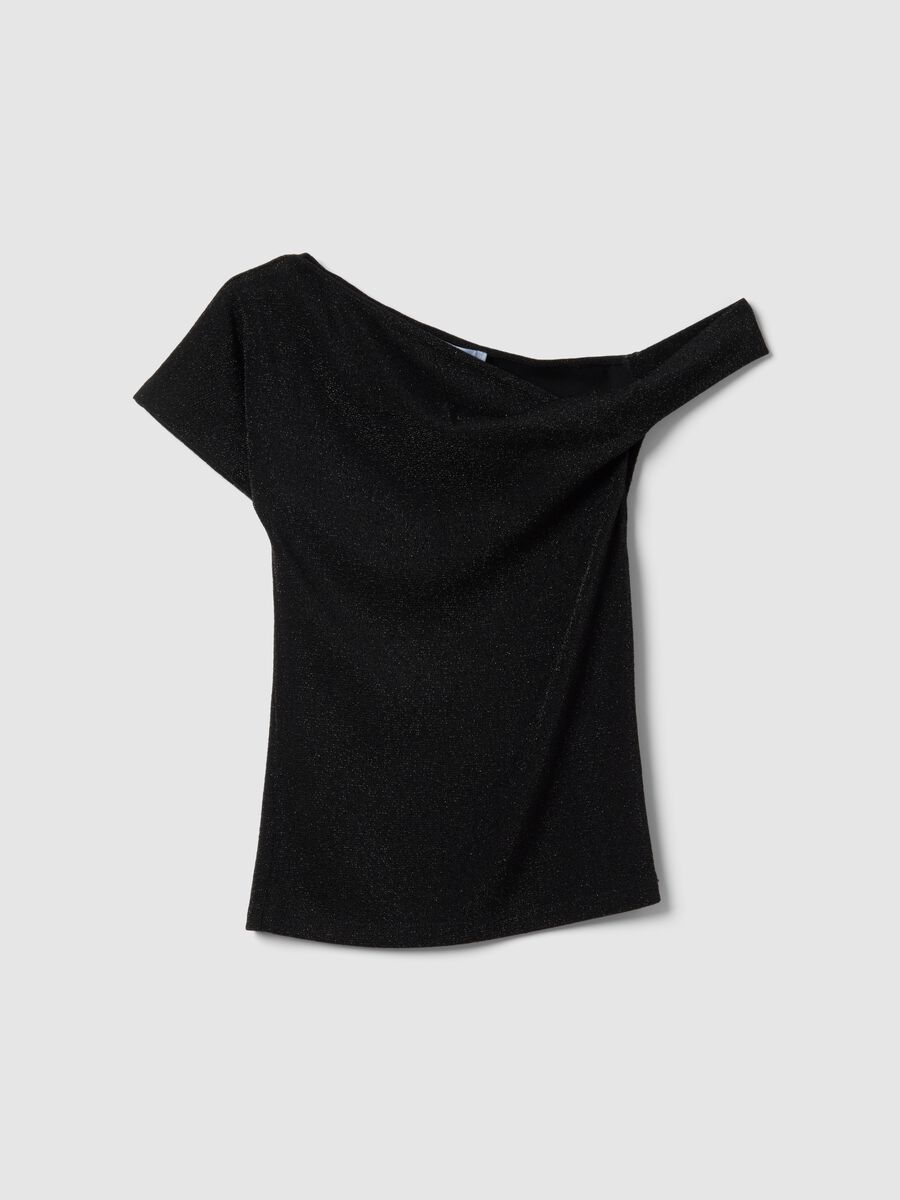 Black viscose blend slim fit T-shirt with Madonna neckline_4