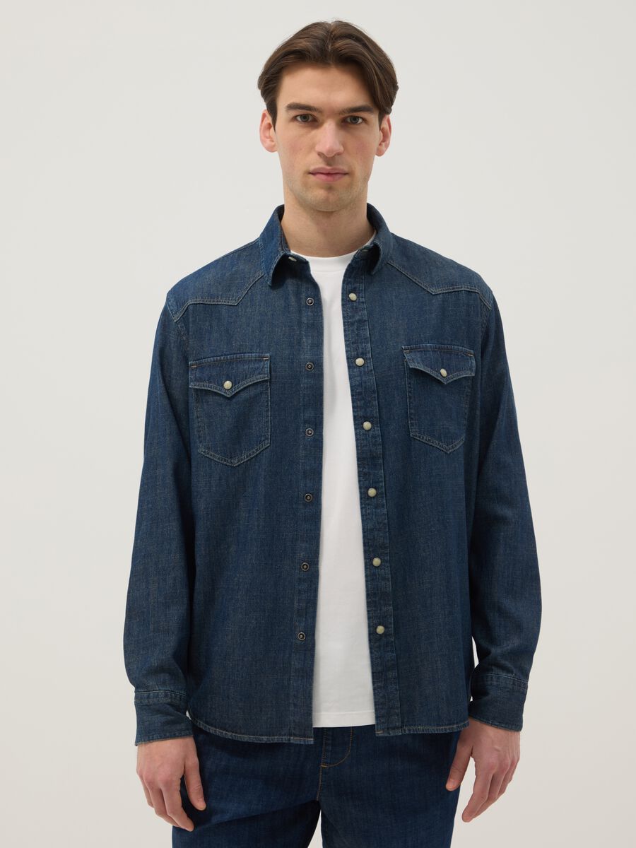 Blue pure cotton denim shirt regular fit with pockets_0