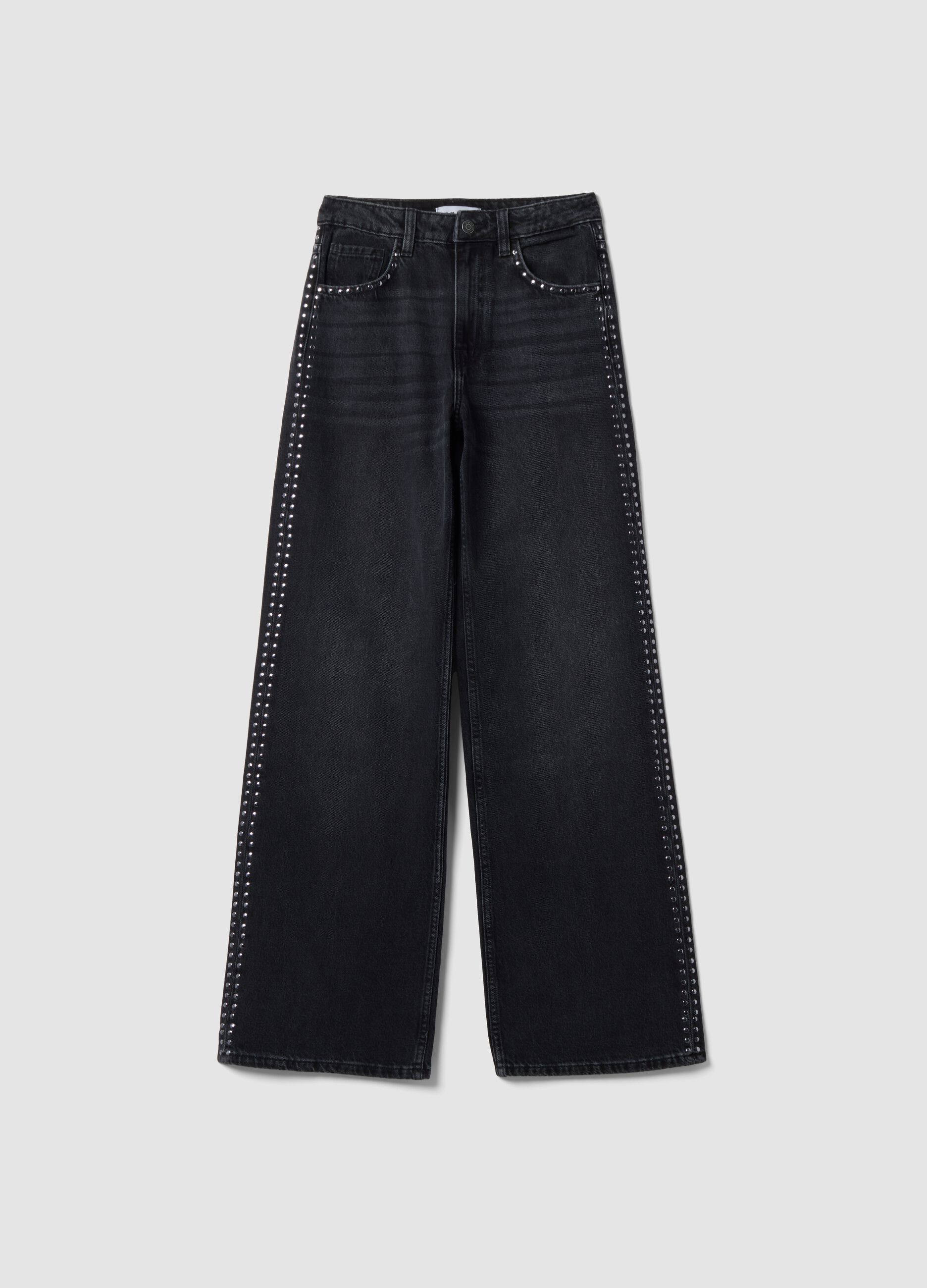 Black pure cotton wide-leg jeans with studs