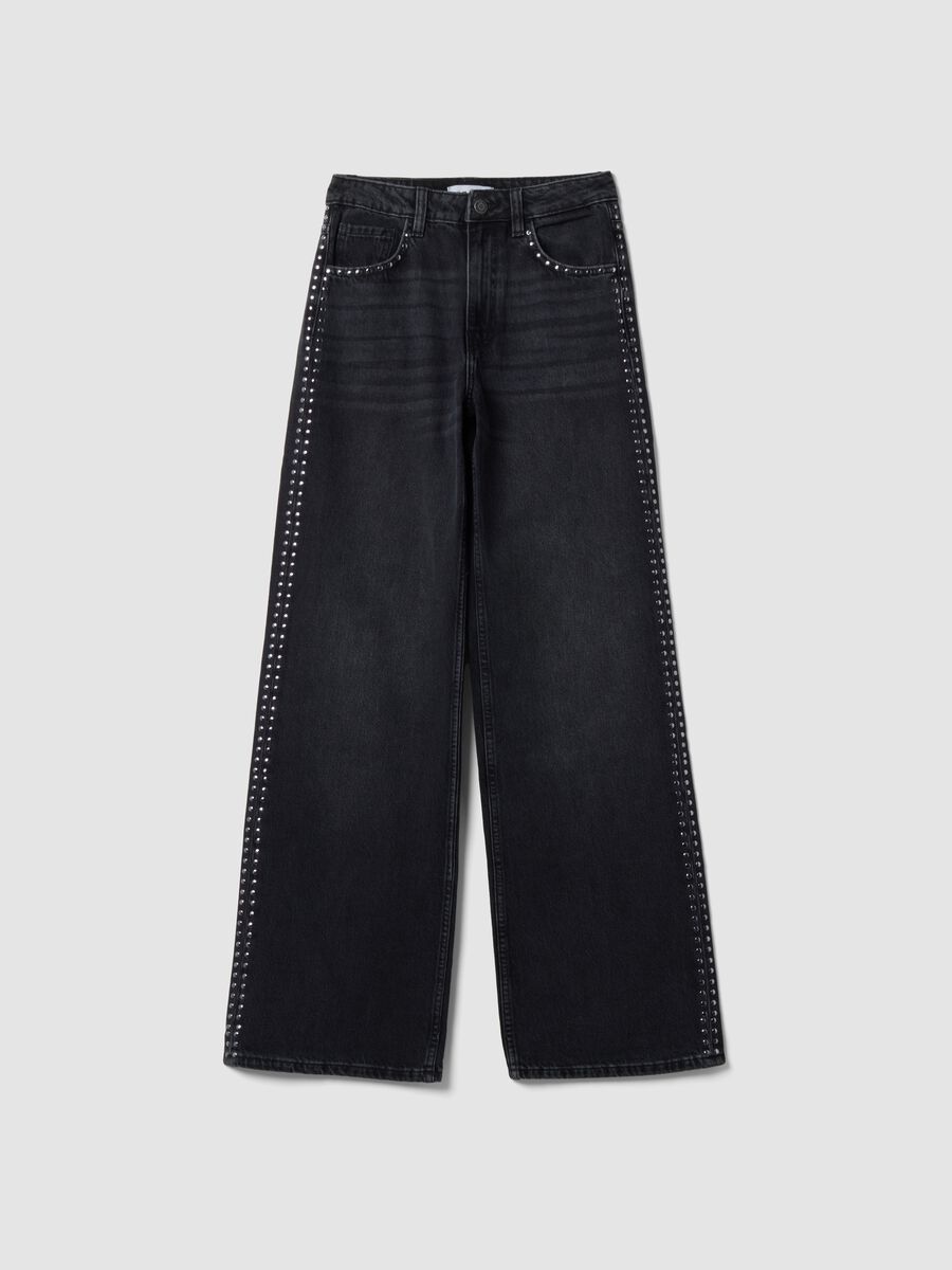 Black pure cotton wide-leg jeans with studs_4