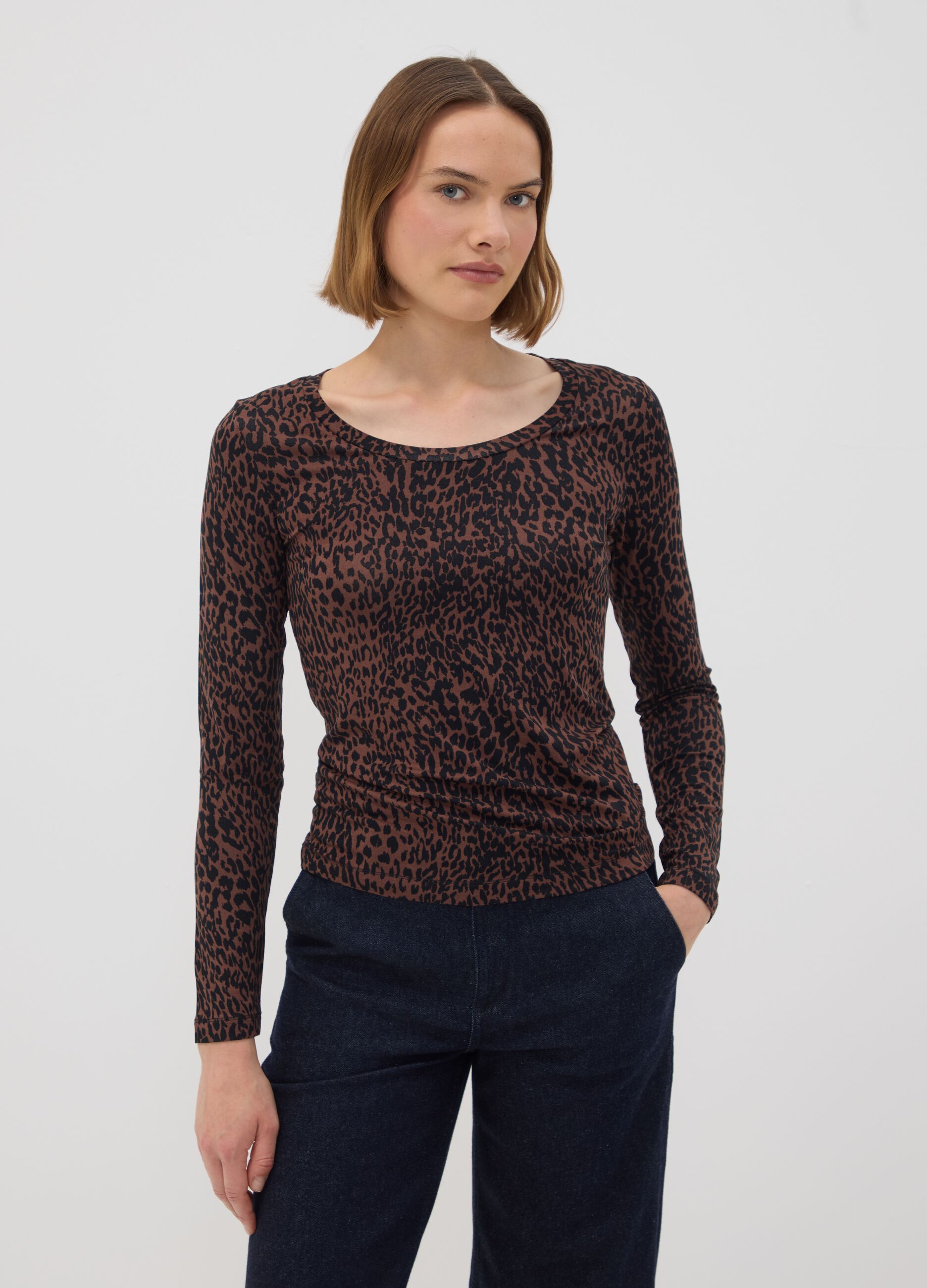Brown stretch viscose animal-print slim-fit T-shirt