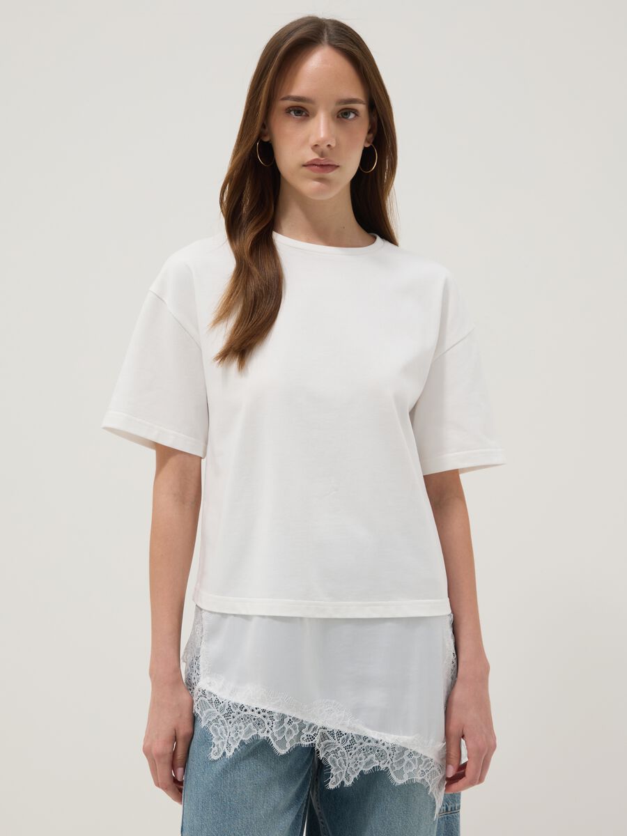 White pure cotton T-shirt with lace insert, relaxed fit_1