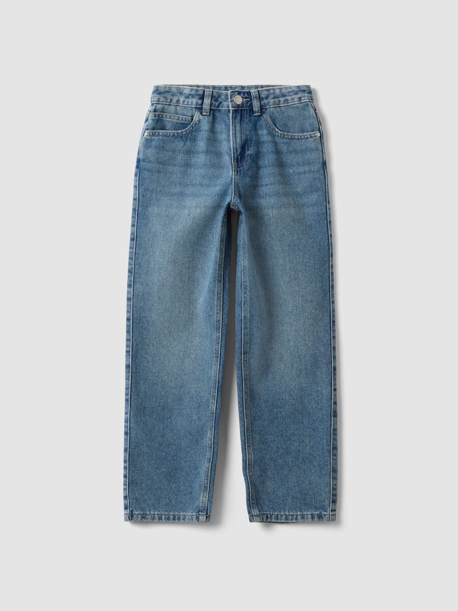 Blue denim straight-fit jeans in a cotton and viscose blend for girls_0