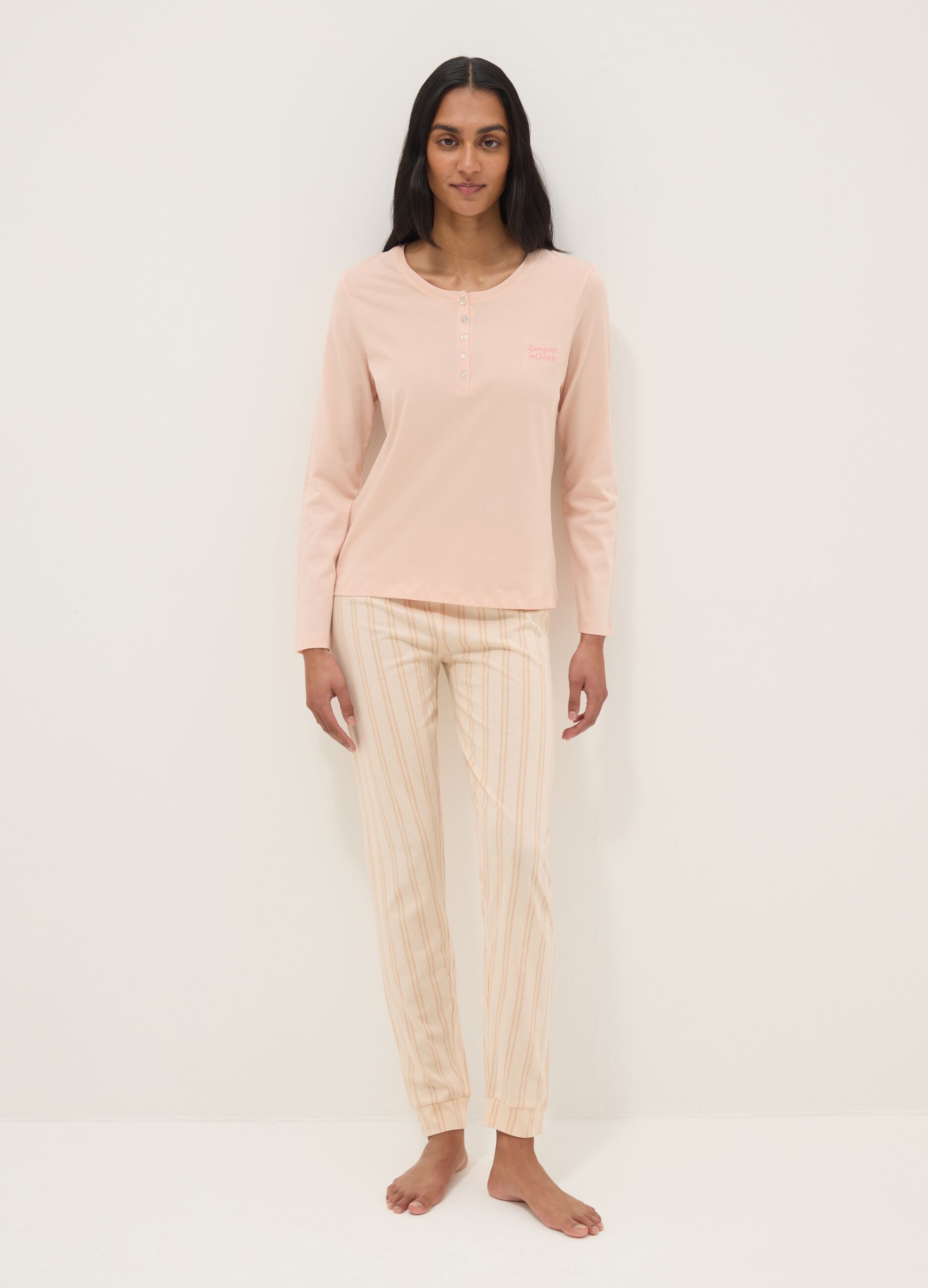 Pink pure cotton pyjamas with regular fit and Henley neckline