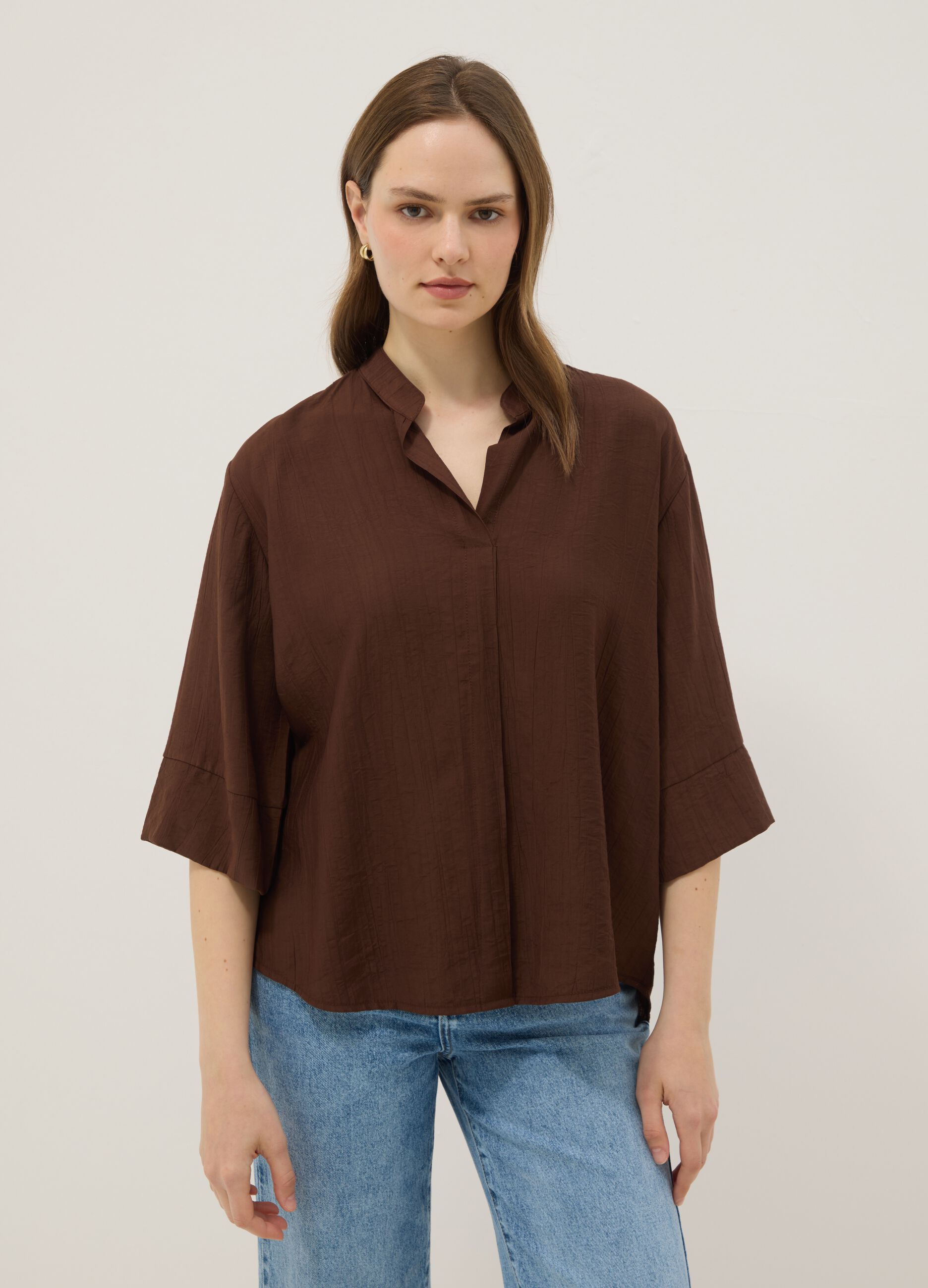 Brown viscose-blend regular-fit blouse with mandarin collar