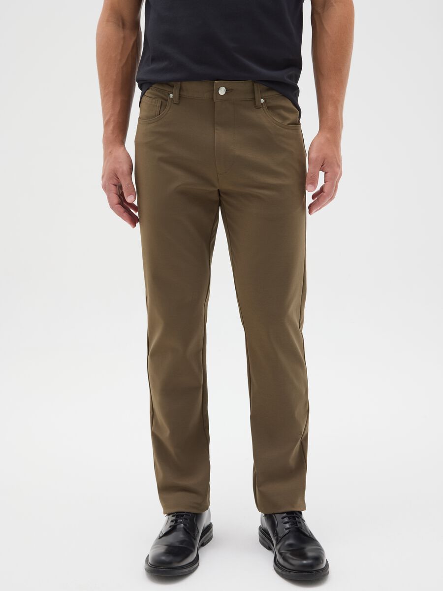 Brown cotton blend slim fit trousers_1