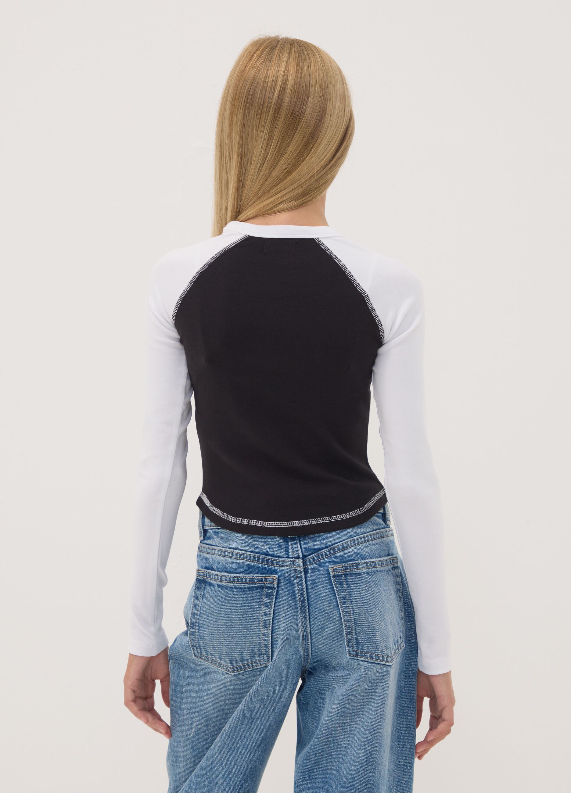 T-shirt blu in cotone elasticizzato con collo a costine