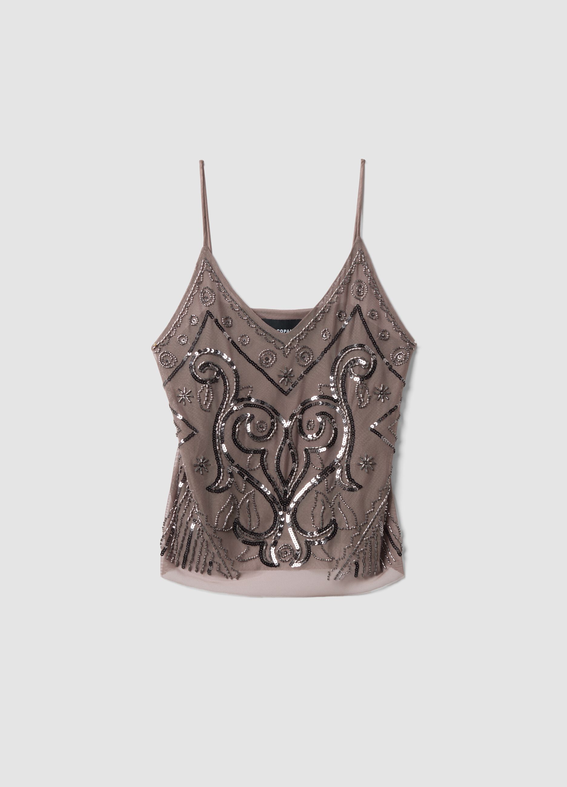 Beige fitted tank top with thin straps in stretch fabric