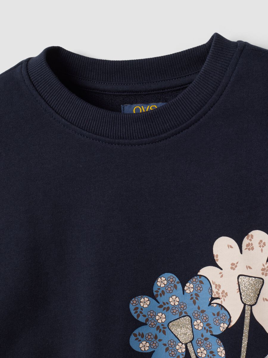 Blue pure cotton sweatshirt with crew neck and floral print_2