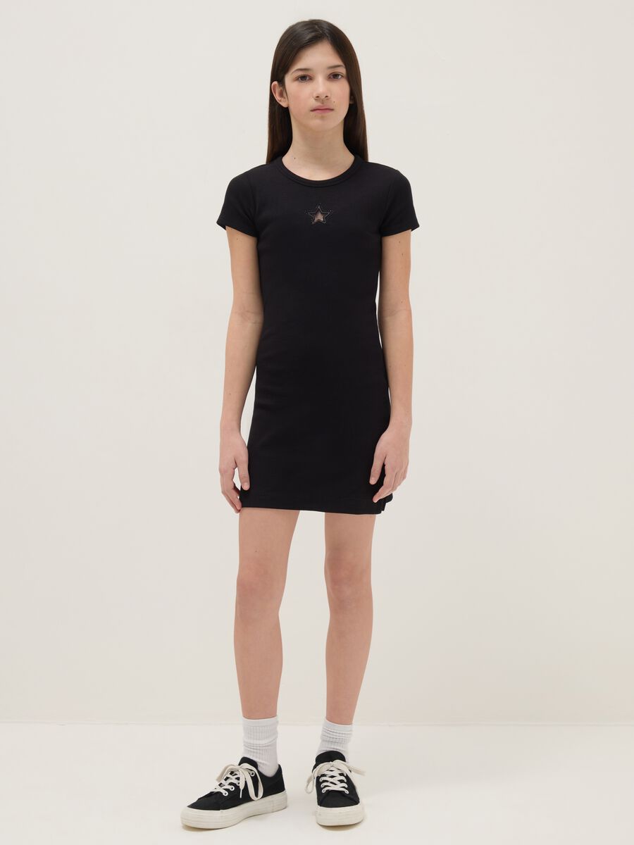 Elasticated Cotton Black Fitted Dress for Girls with Star_0