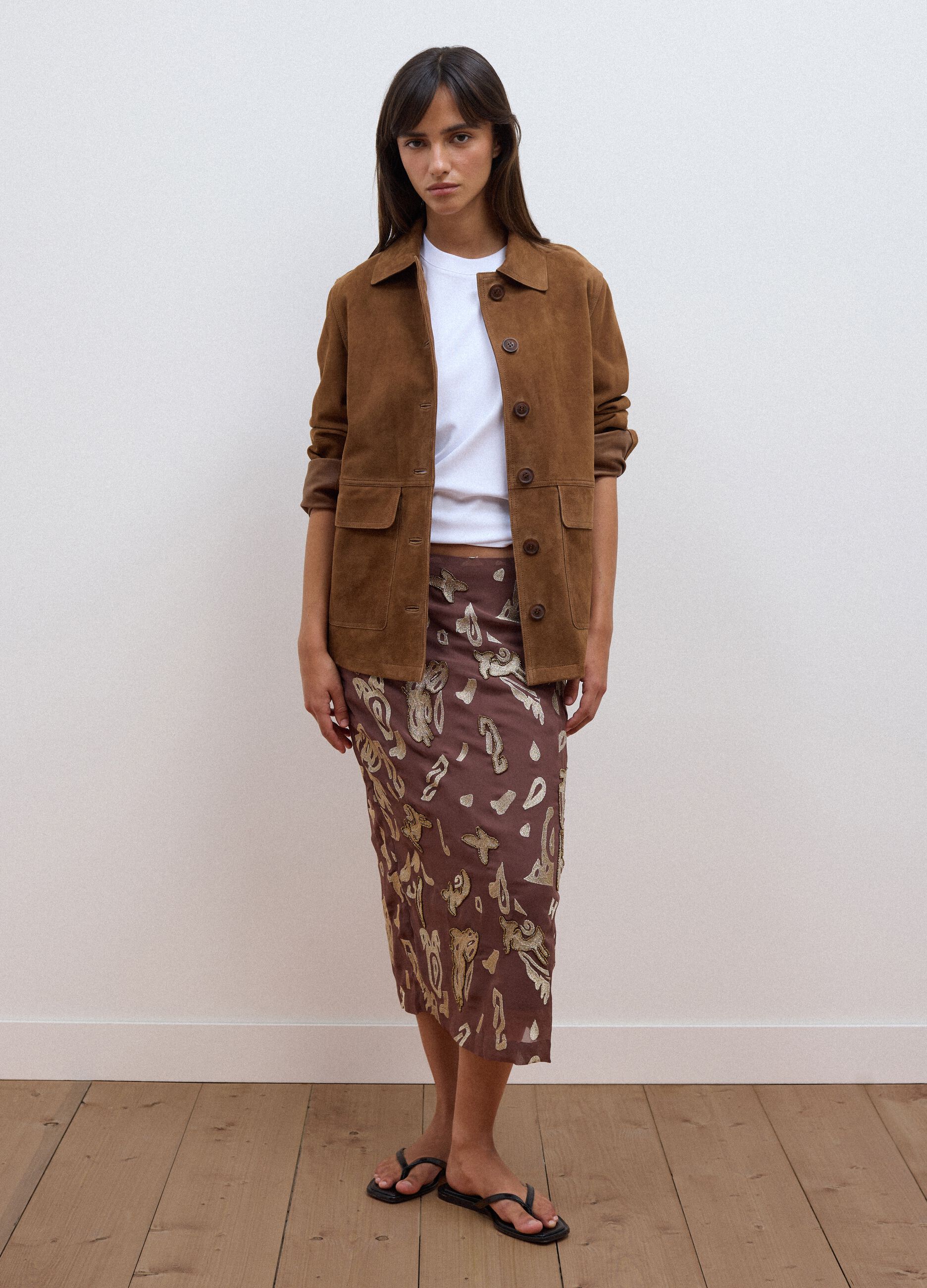Brown midi skirt in pure viscose with embroidered motif