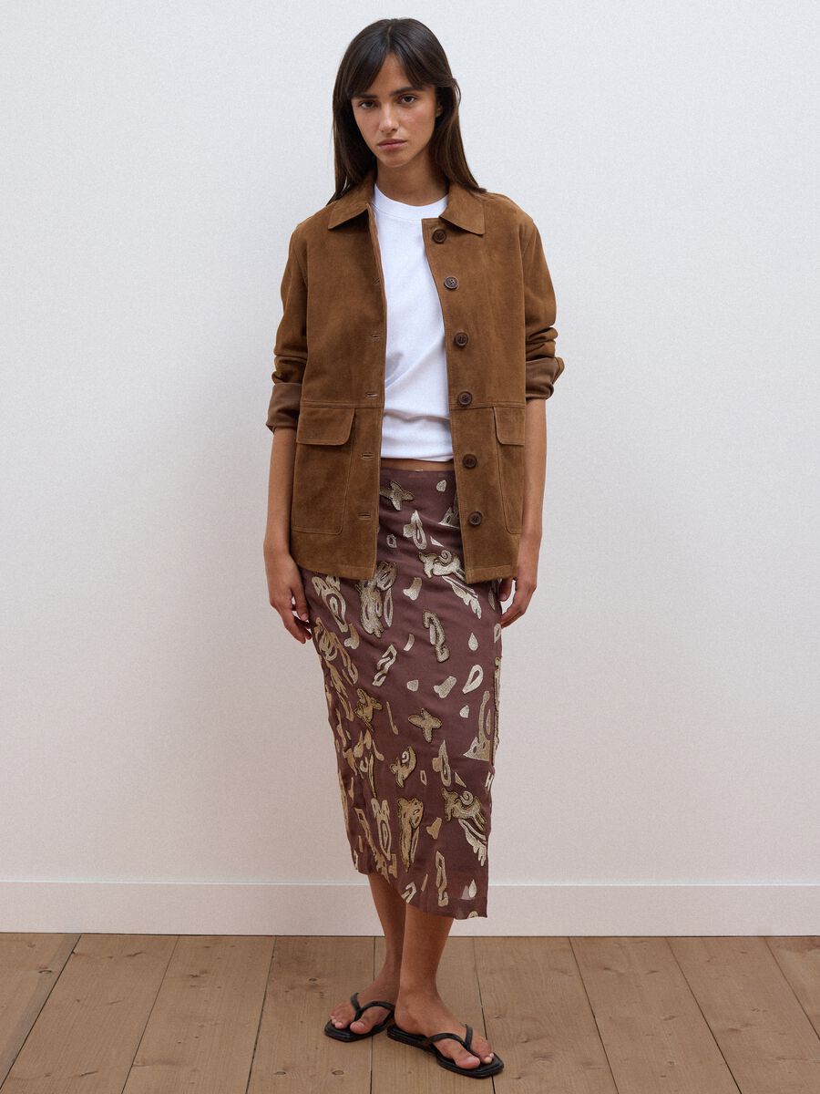 Brown midi skirt in pure viscose with embroidered motif_0