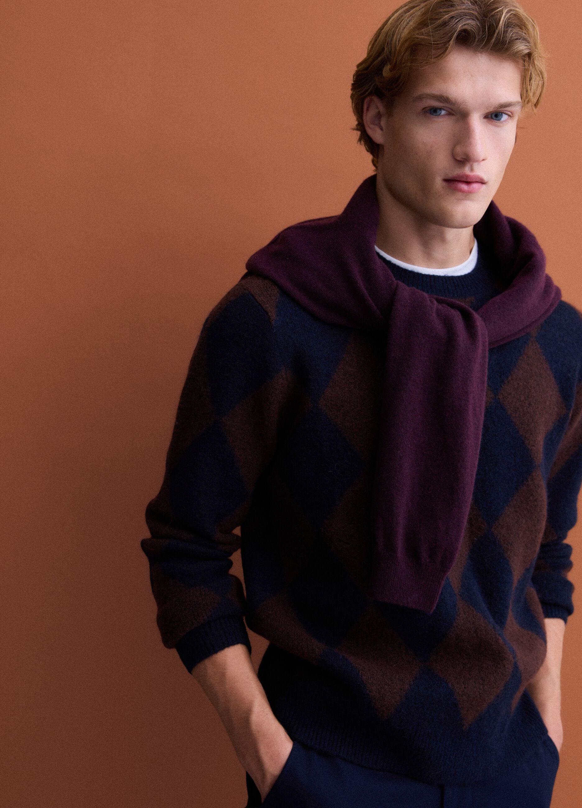 Blue and brown stretch wool jacquard jumper, regular fit