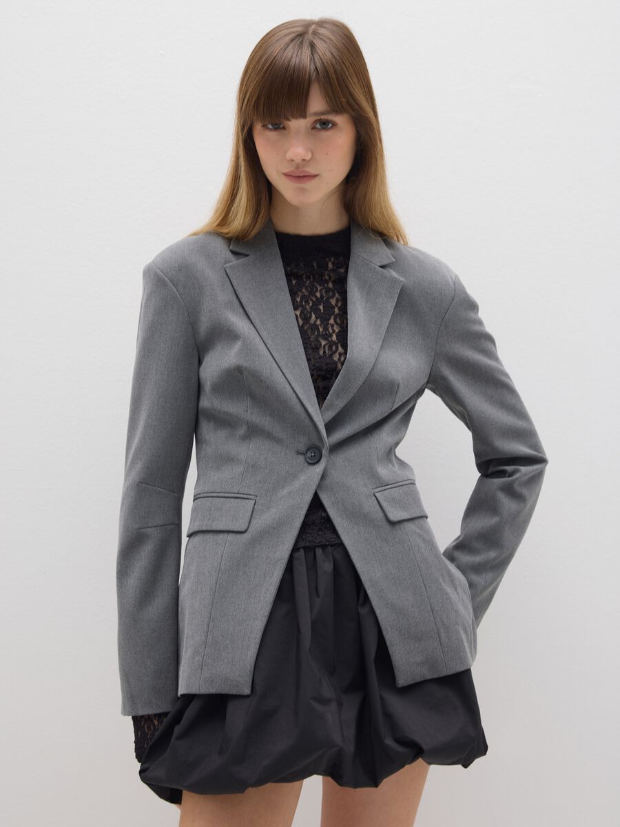 Grey slim fit blazer with lapel and button_0