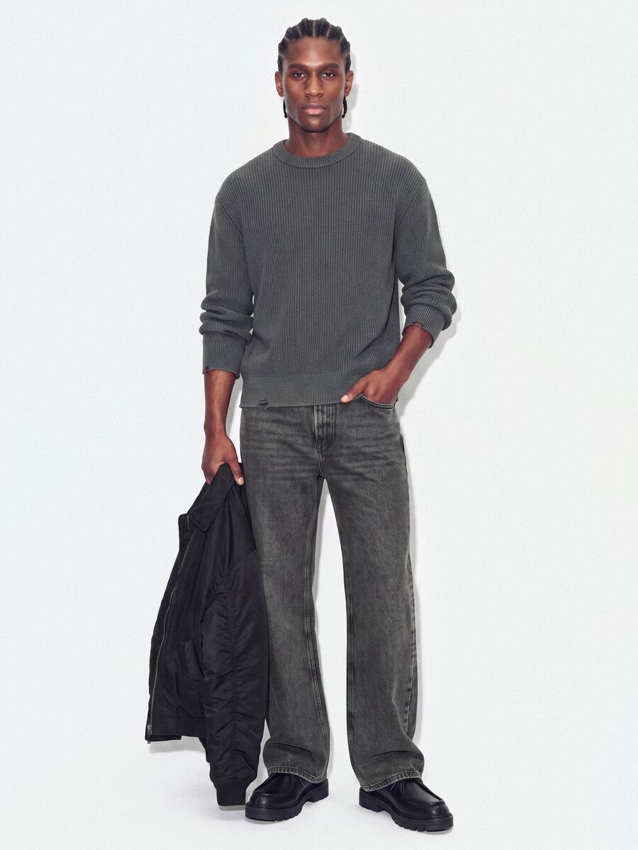Grey pure cotton ribbed crew-neck jumper, regular fit_1