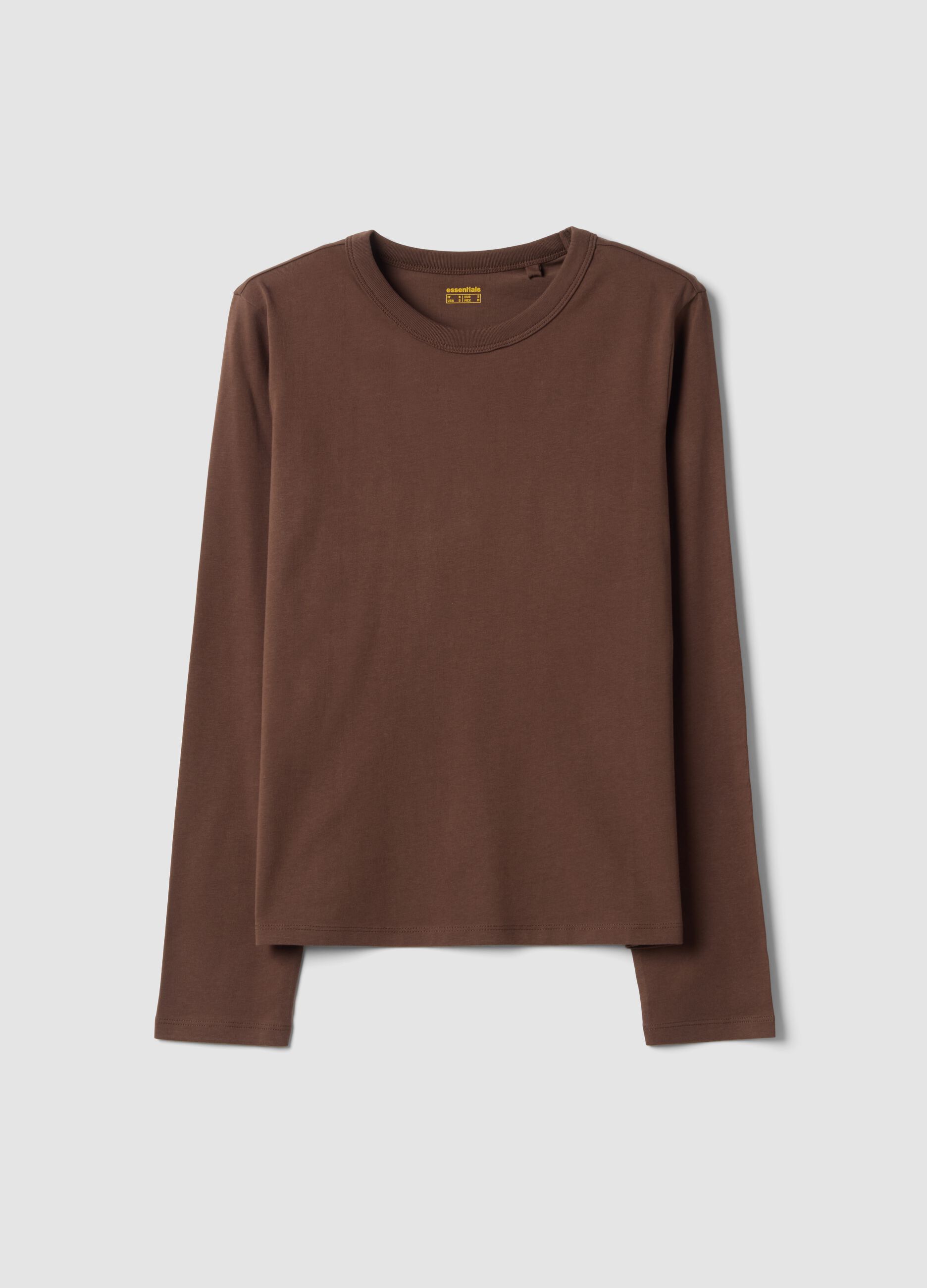 T-shirt marrone in jersey di puro cotone a maniche lunghe regular fit