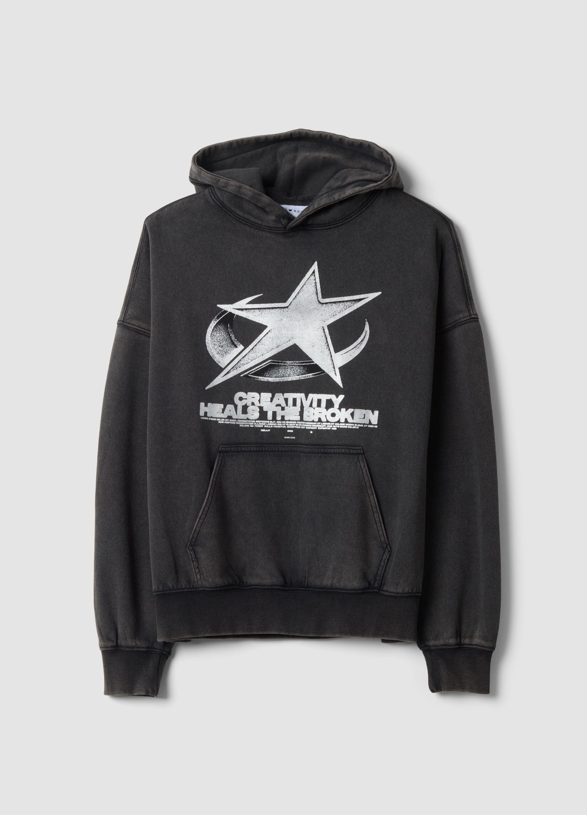 Sweatshirt preta com capuz em mistura de algod&atilde;o e decote redondo