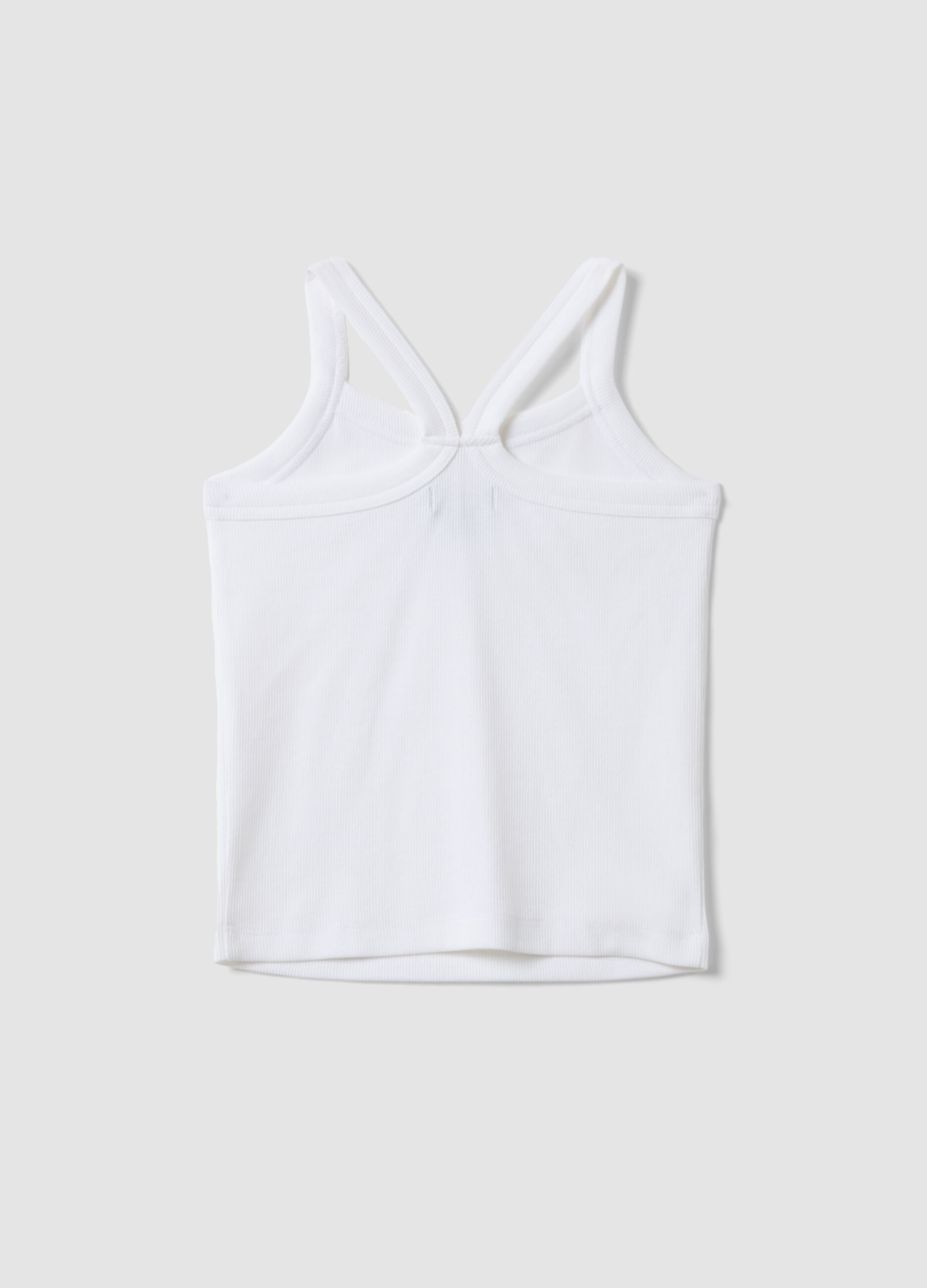 Girls' fitted white ribbed stretch cotton tank top