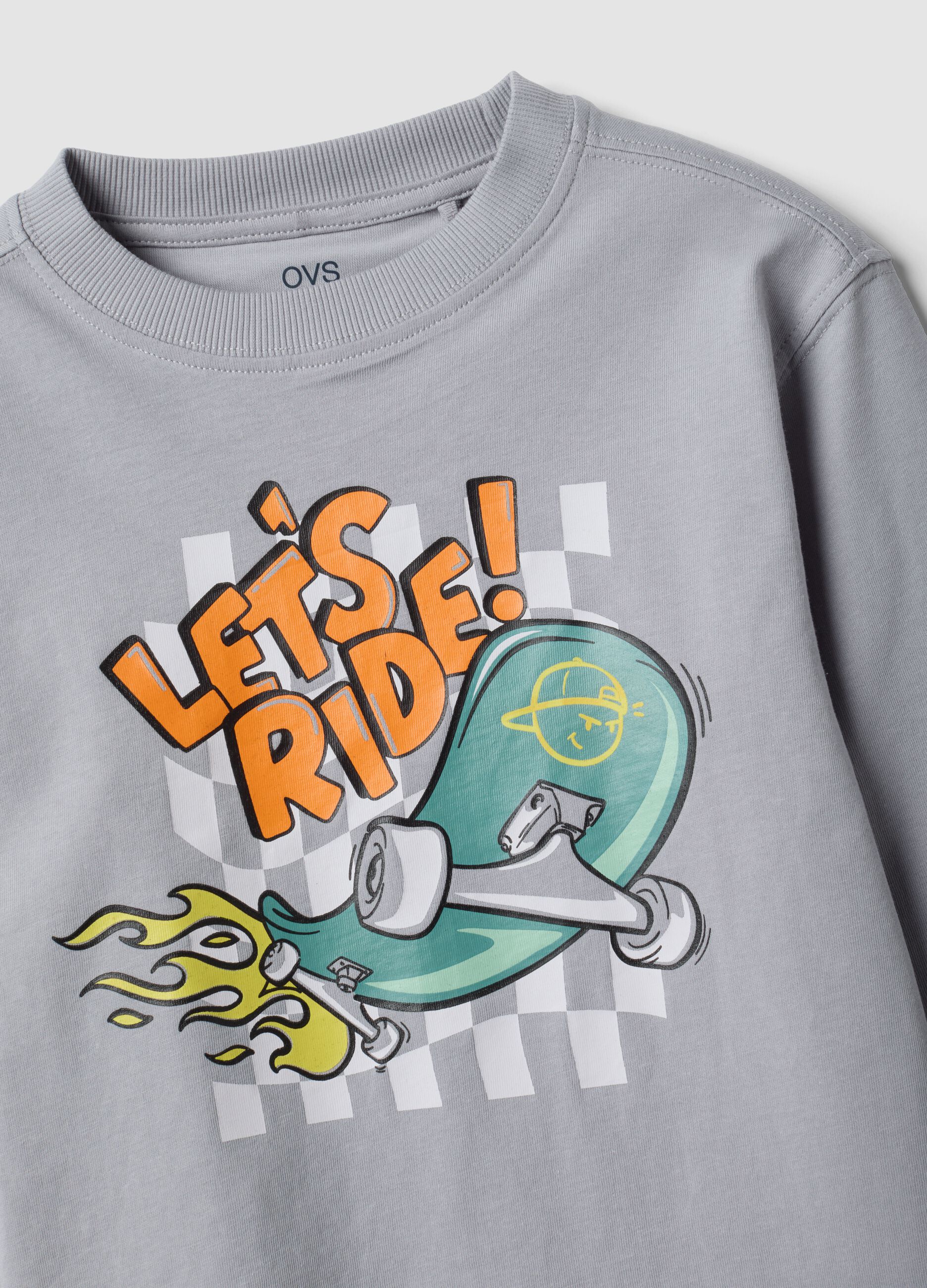 T-shirt grigia in puro cotone a girocollo con stampa skater per bambino