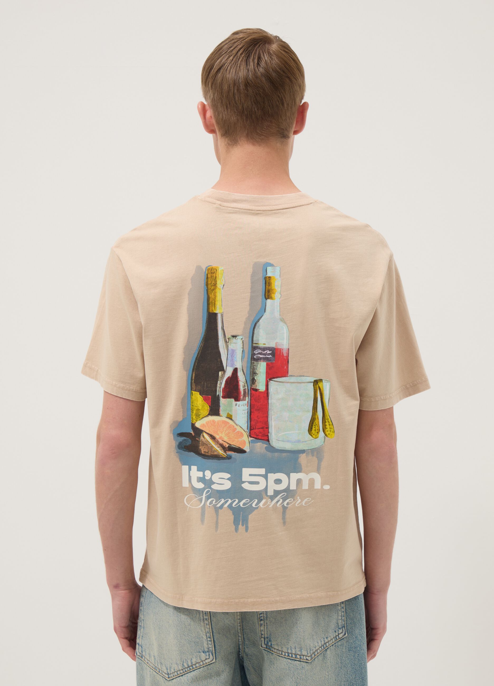 Beiges Kurzarm-T-Shirt aus reiner Baumwolle