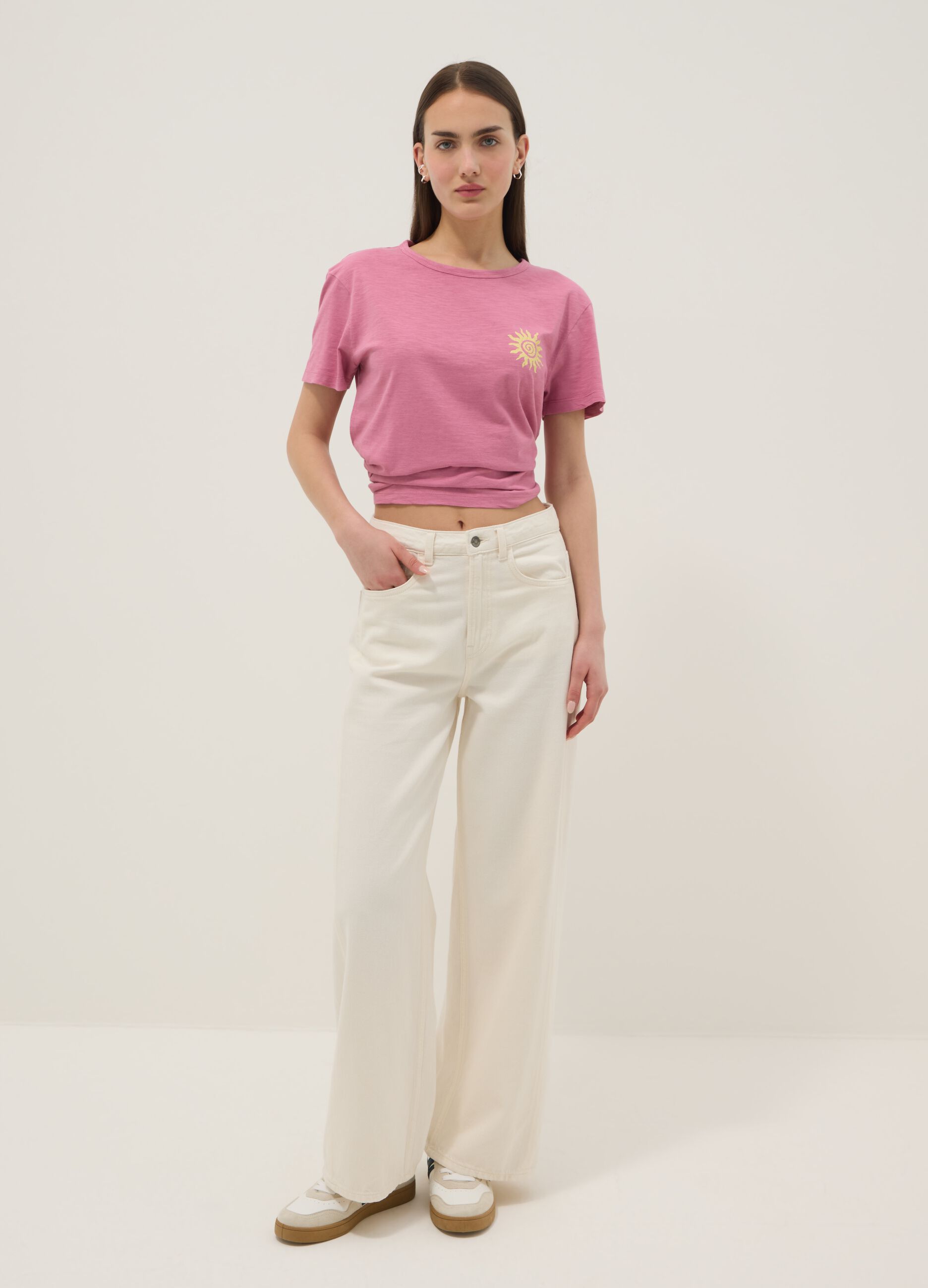 Rosa T-Shirt aus reiner Baumwolle im Relaxed Fit mit Sonnenprint
