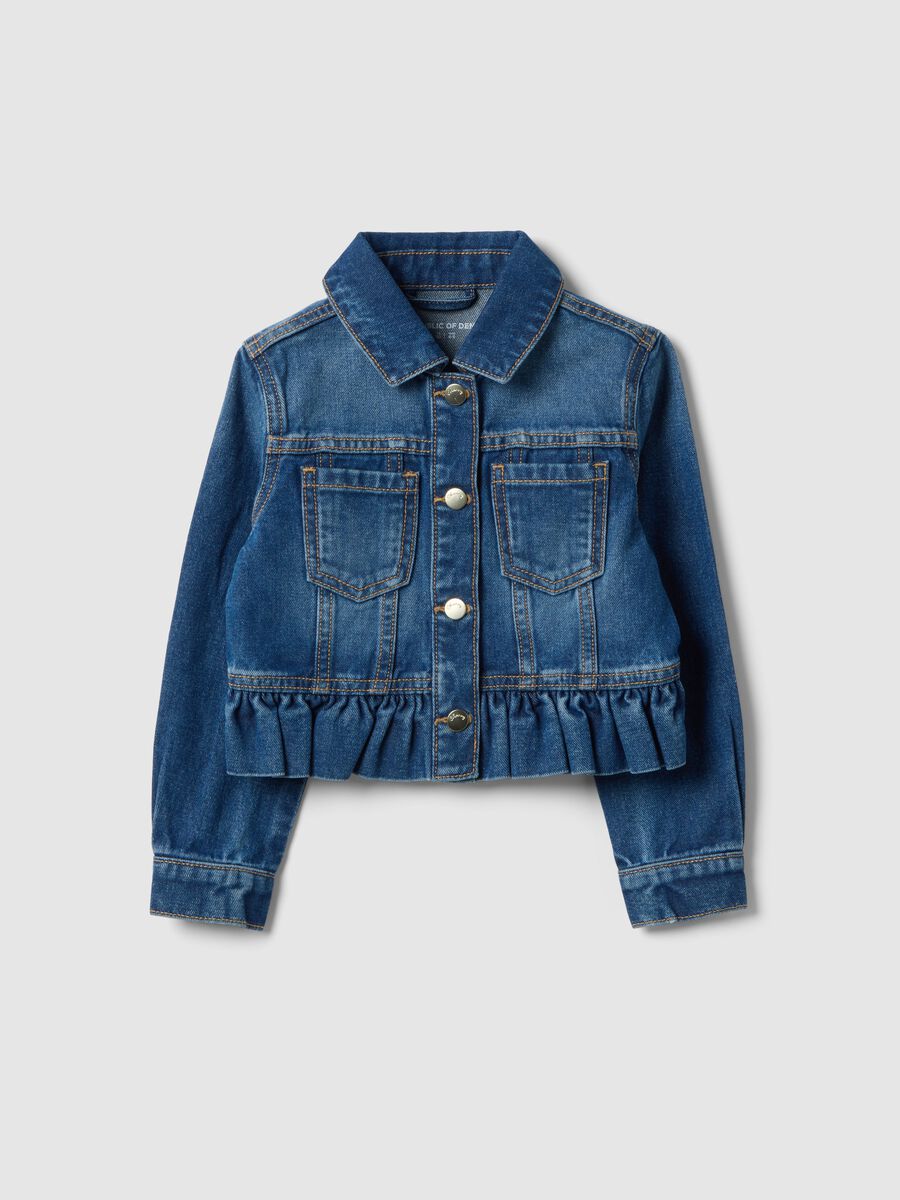 Girl's regular fit blue denim cotton jacket with pockets_0