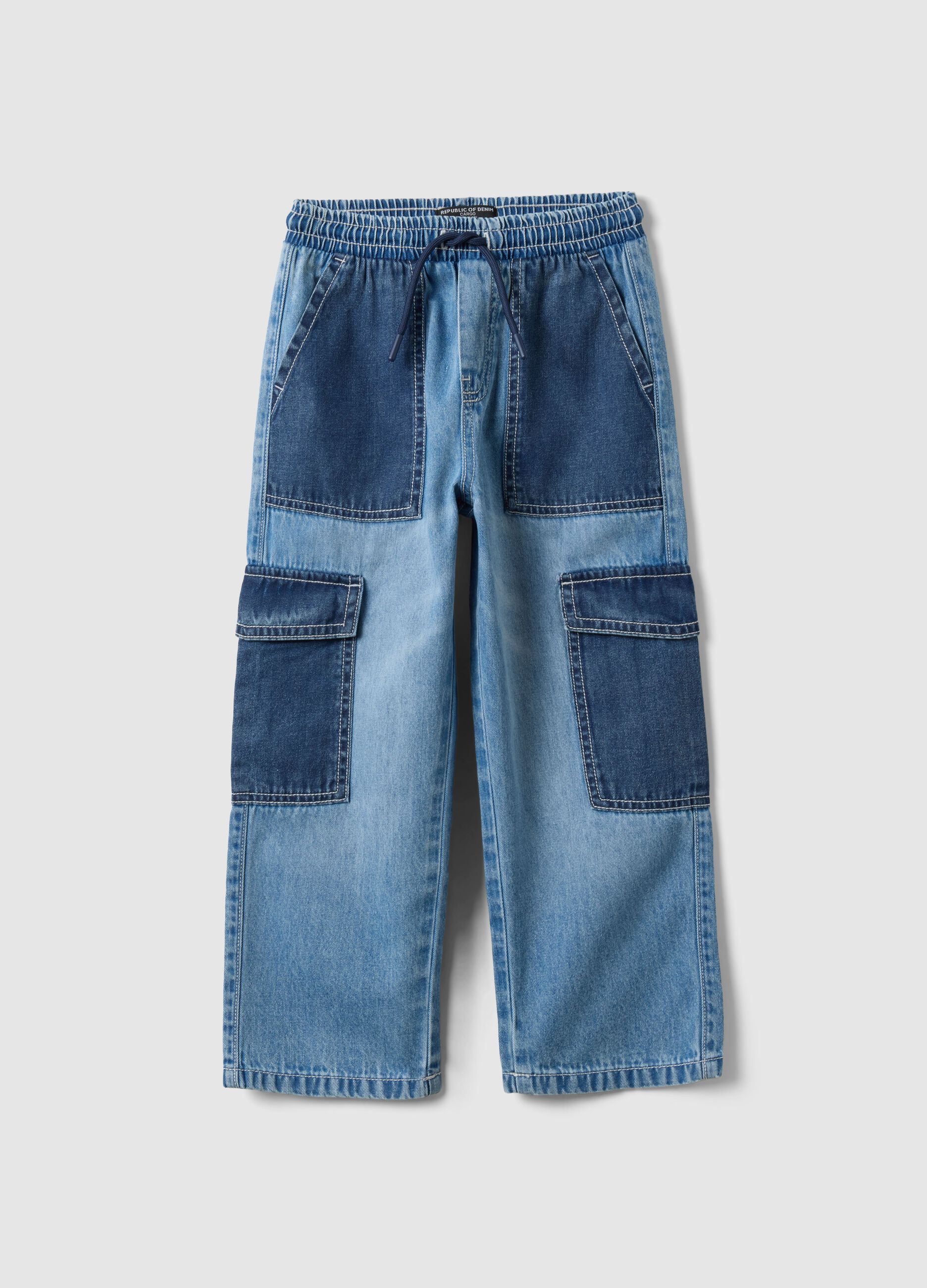 Multicoloured pure cotton denim cargo joggers for children with relaxed fit