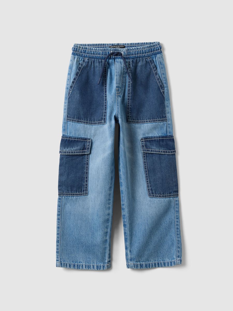 Multicoloured pure cotton denim cargo joggers for children with relaxed fit_0
