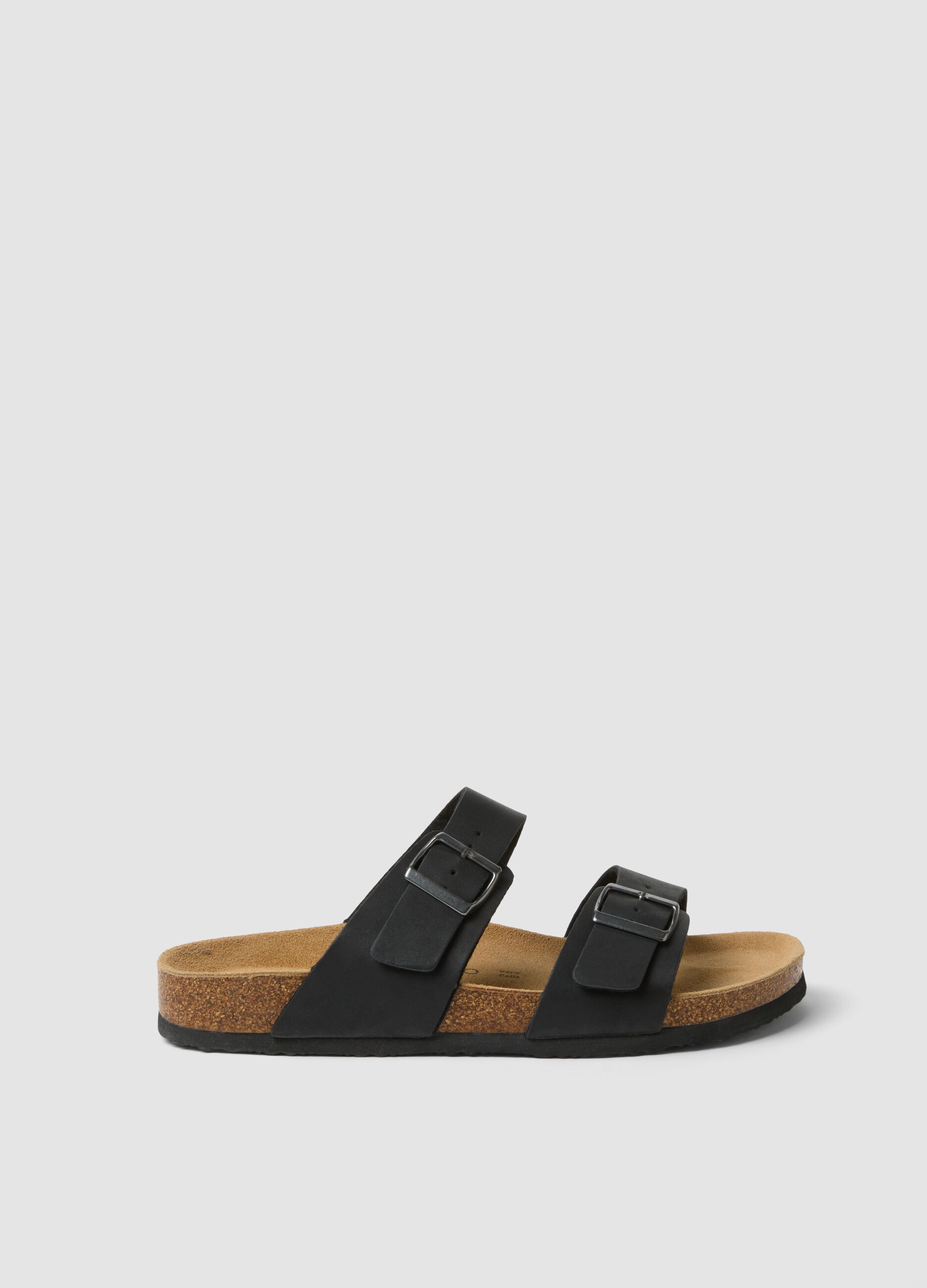 Black double-strap sliders with buckles