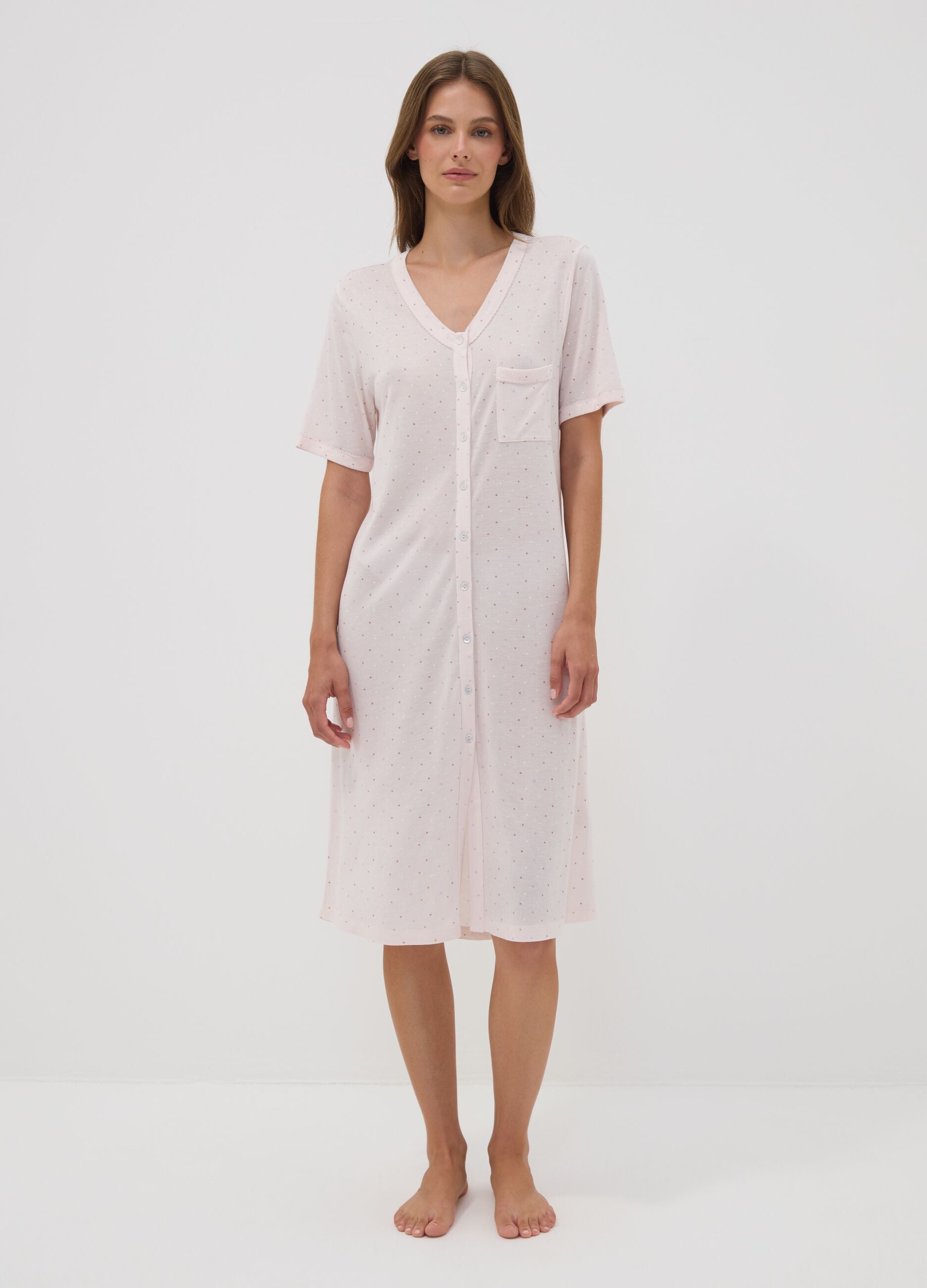 Pink polka-dot pure viscose nightshirt with V-neck