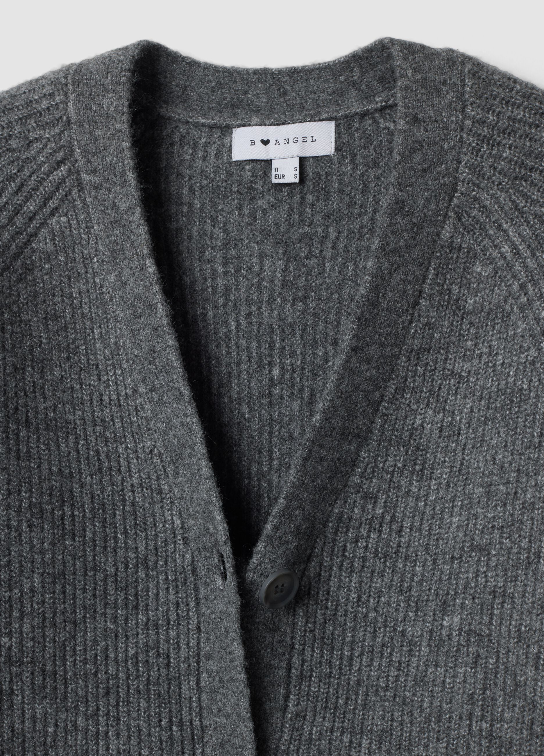 Graue Strickjacke aus elastischer Wolle mit tiefem V-Ausschnitt, Oversize-Fit