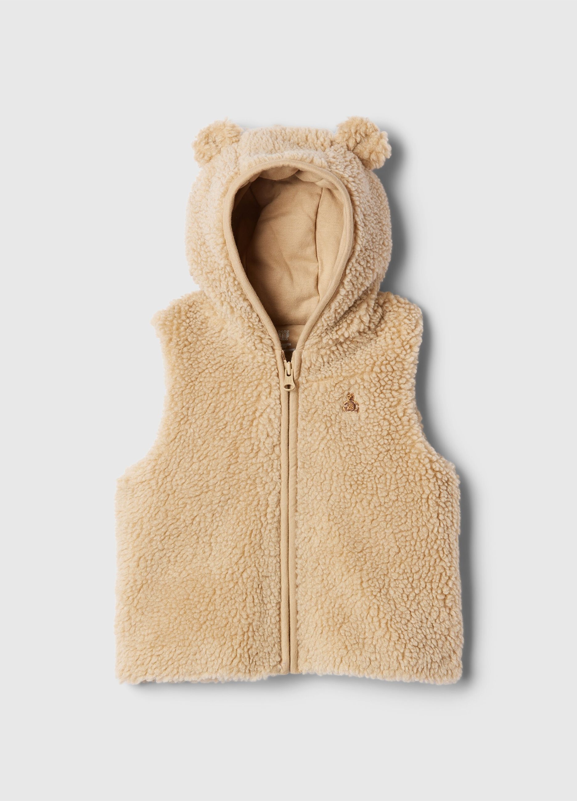 Sherpa gilet with hood and teddy bear embroidery