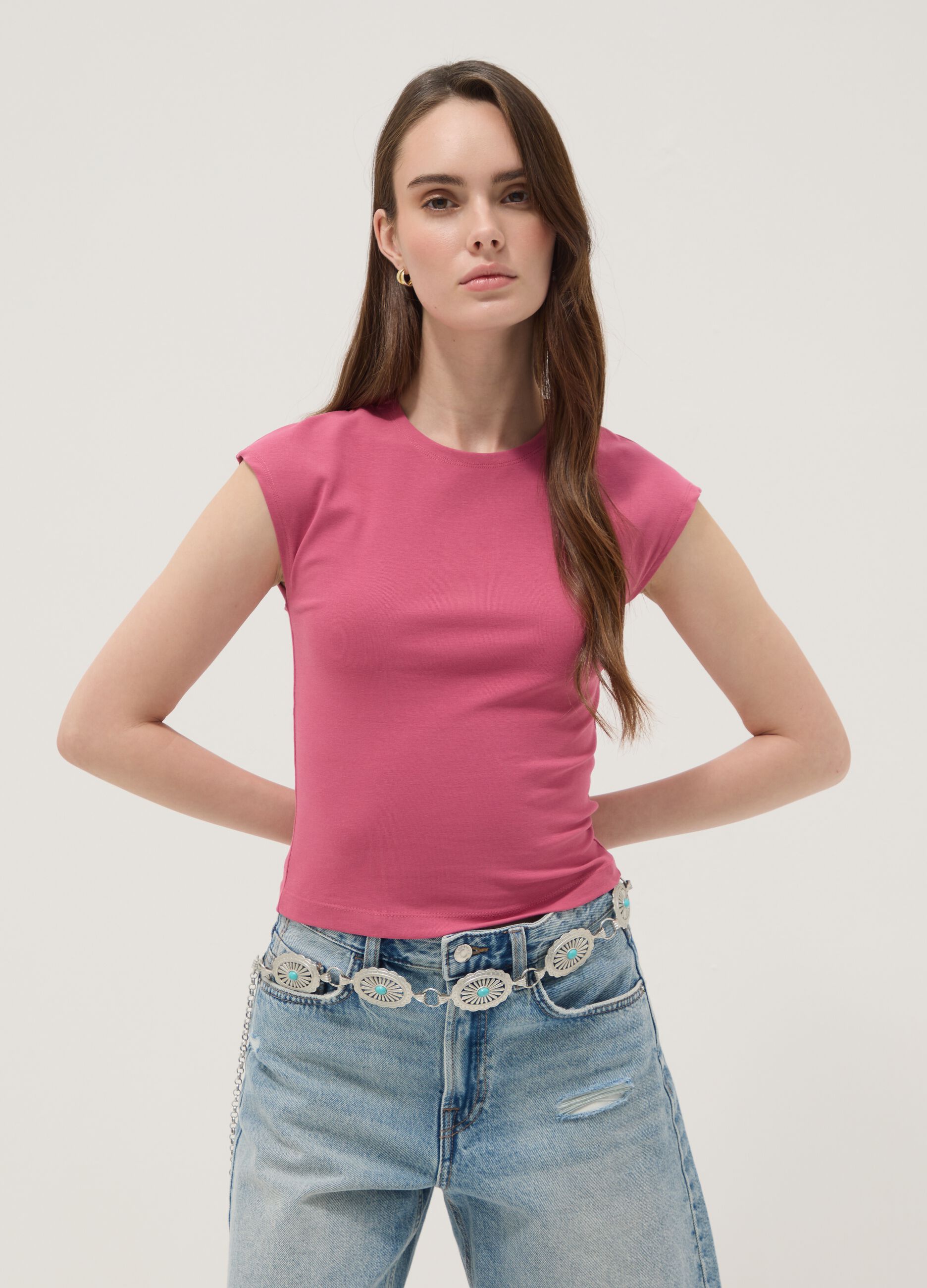 Top rosa fitted em algod&atilde;o el&aacute;stico