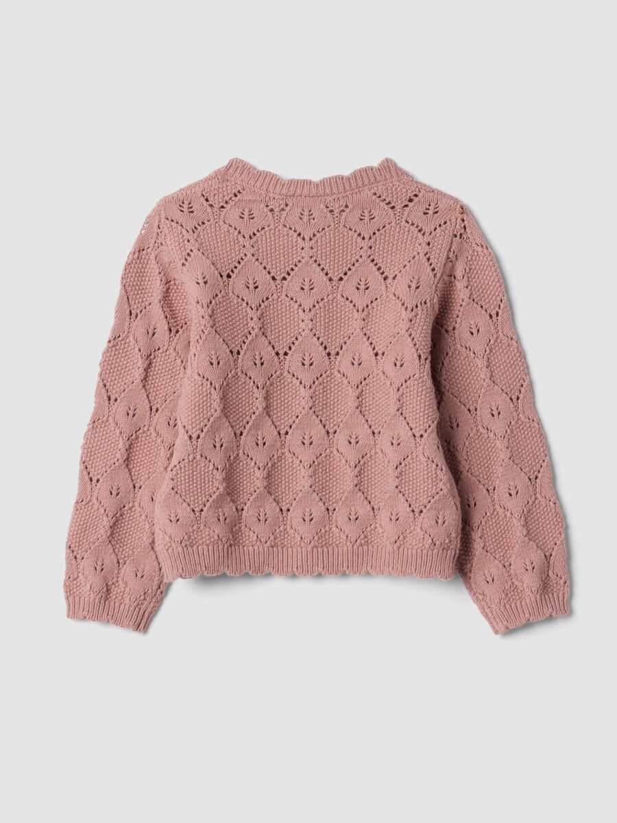 Pink cotton-blend cardigan with openwork round neck_1
