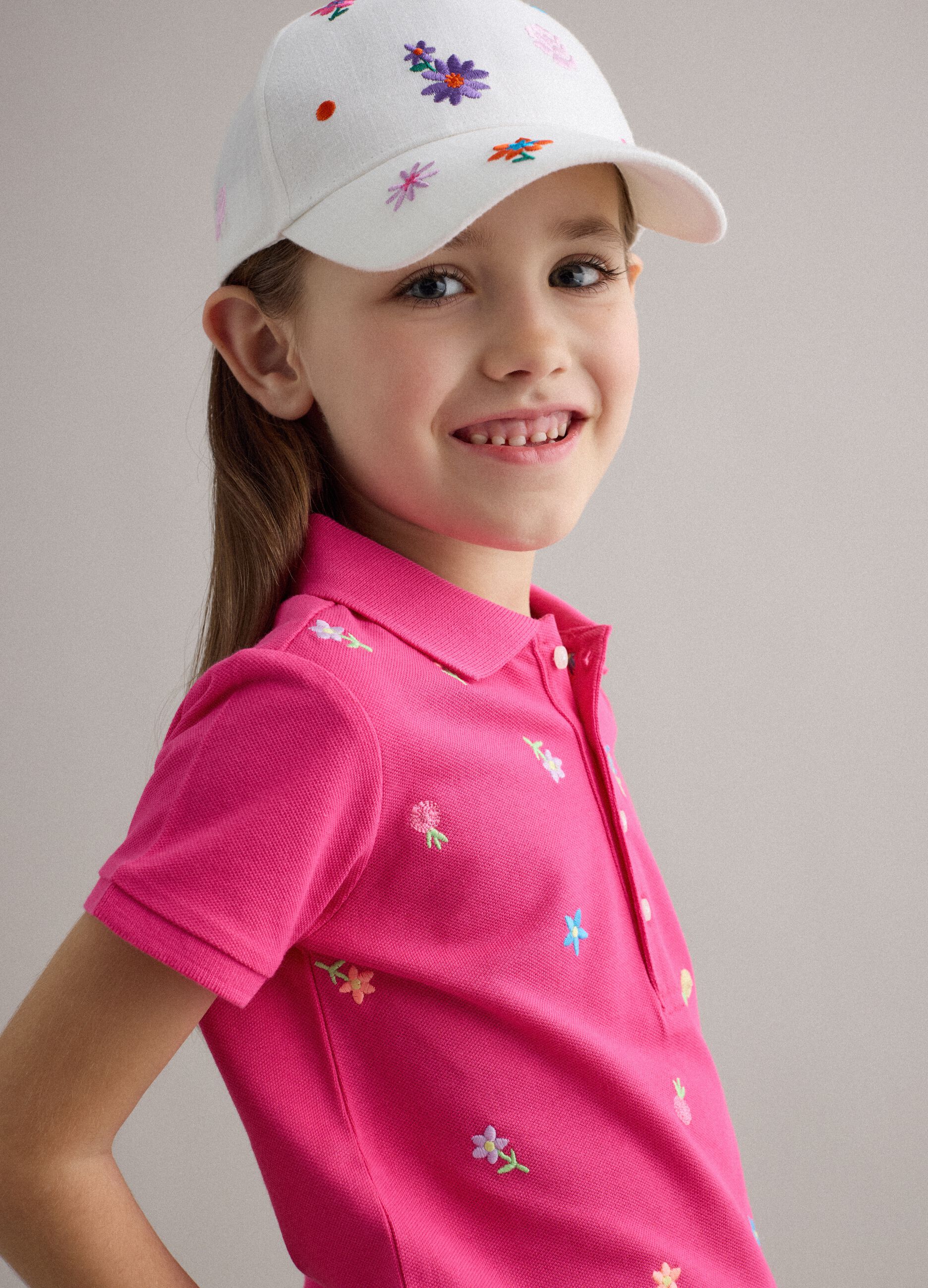 Girls' regular fit pure cotton pink polo with embroidered flowers