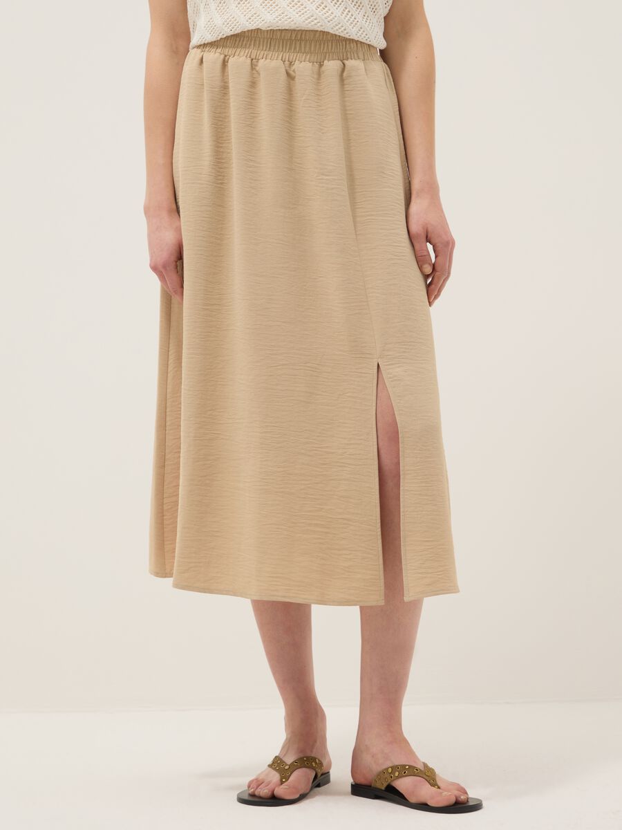 Beige long skirt, regular fit with elasticated waist and slit_1