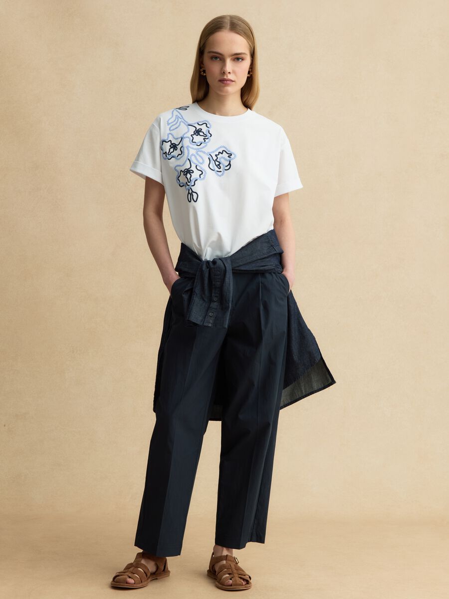 Wei&szlig;e Regular-Fit-T-Shirt aus Baumwollmischung mit Blumenstickerei_2