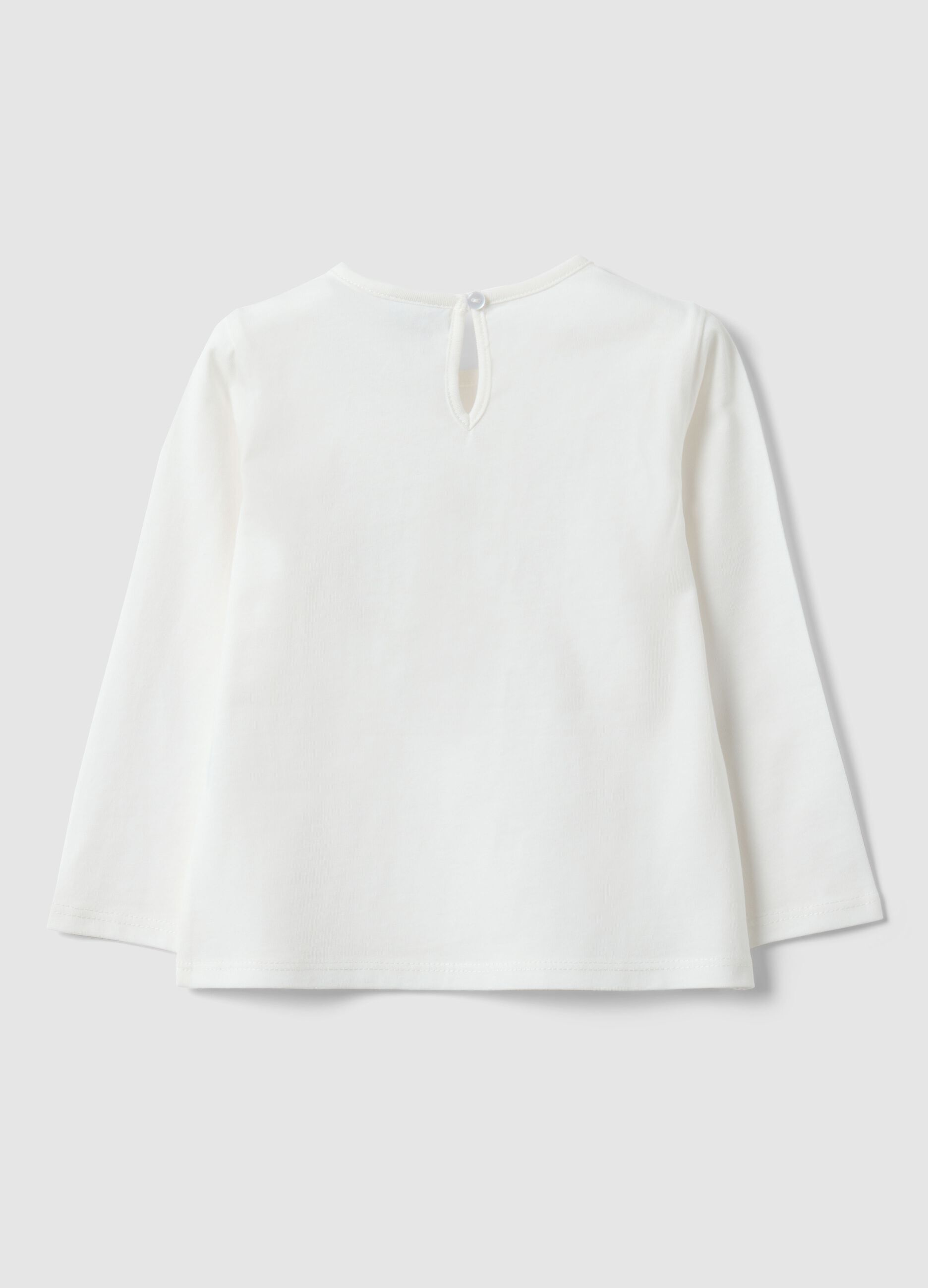 Girls&rsquo; white pure cotton regular-fit T-shirt with teddy bear motif