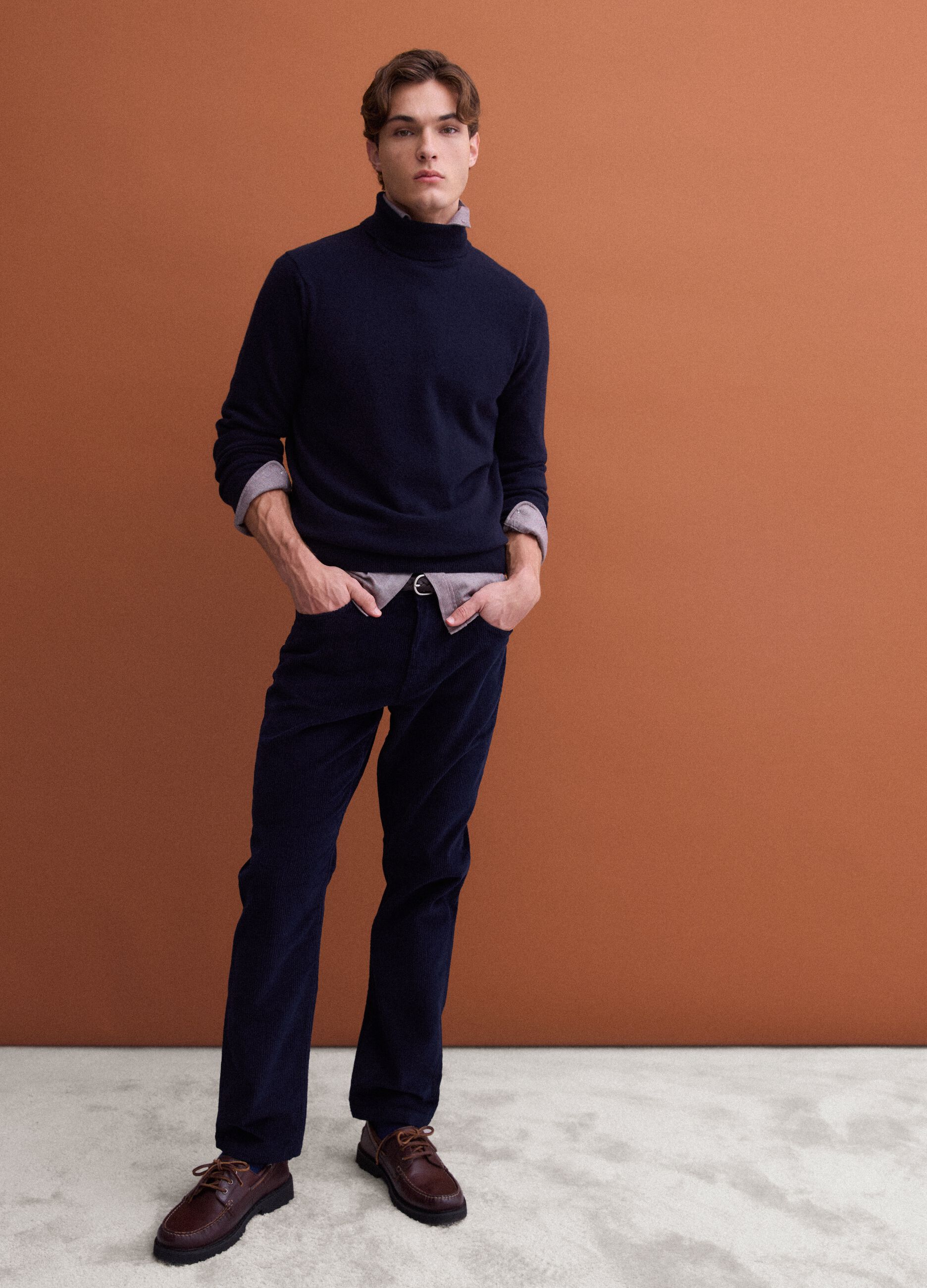 Navy blue pure lambswool roll-neck jumper
