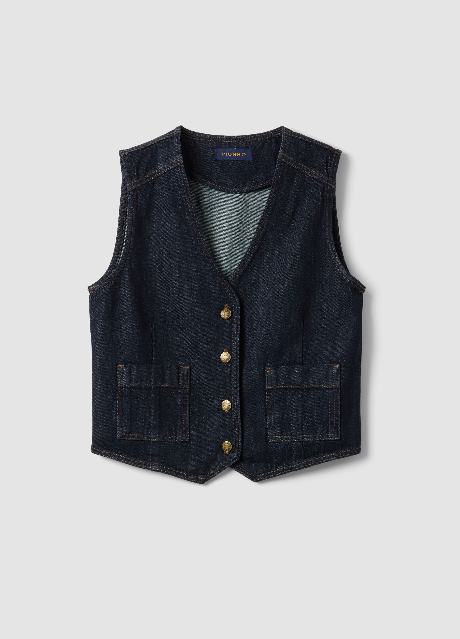 Blue pure cotton denim waistcoat with buttons, regular fit