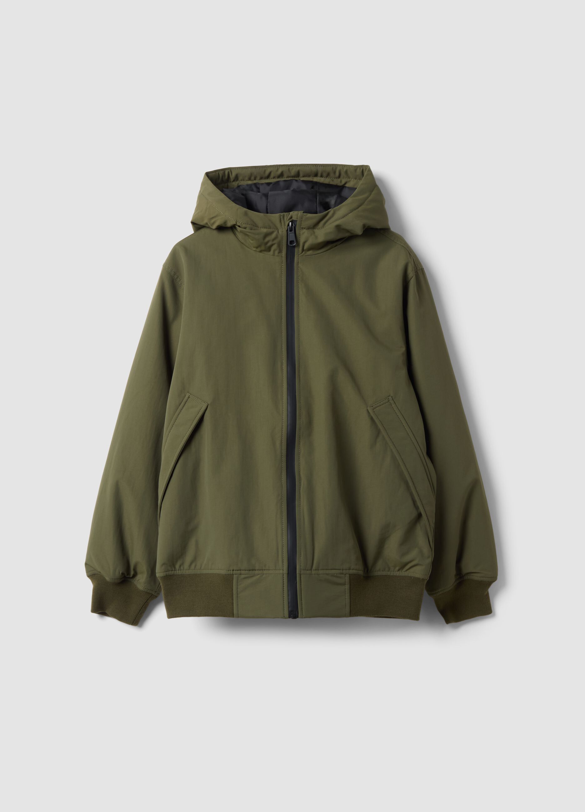 Green waterproof hooded bomber jacket with zip for boys