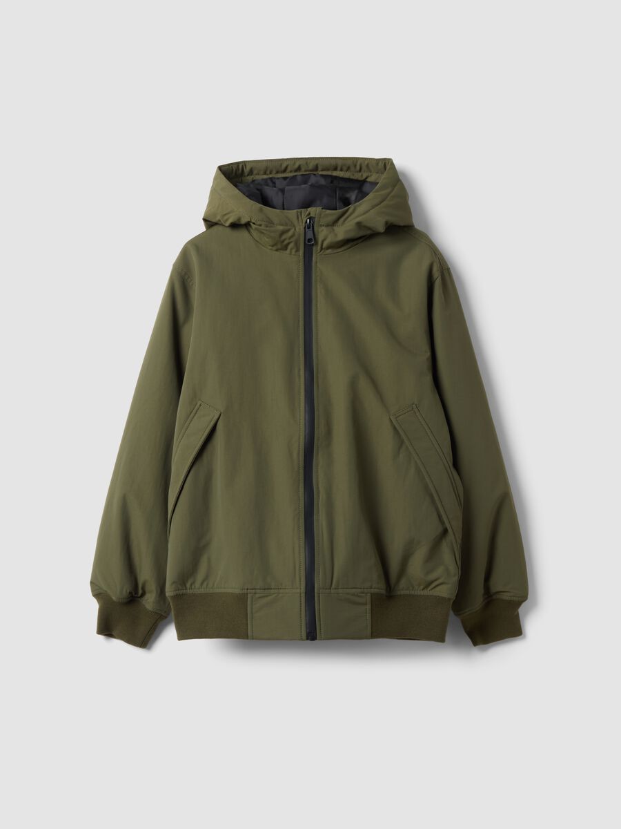Green waterproof hooded bomber jacket with zip for boys_3
