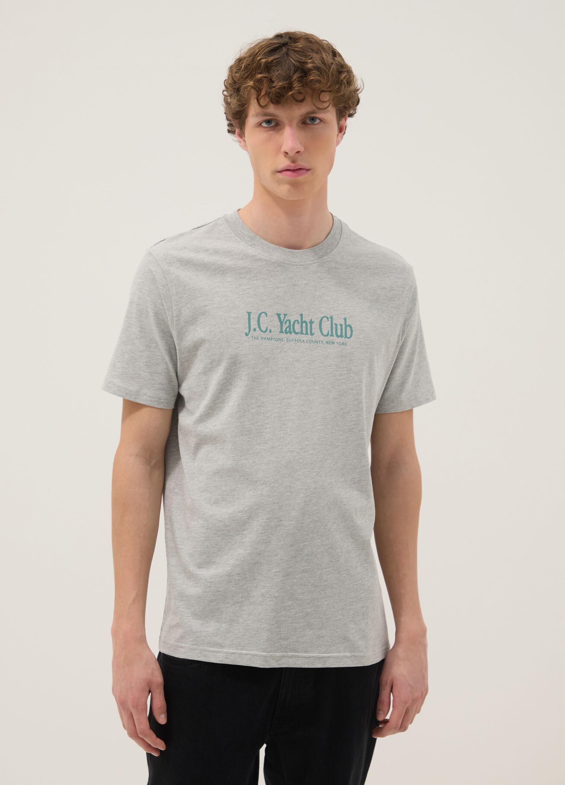 Grey cotton and viscose blend printed T-shirt